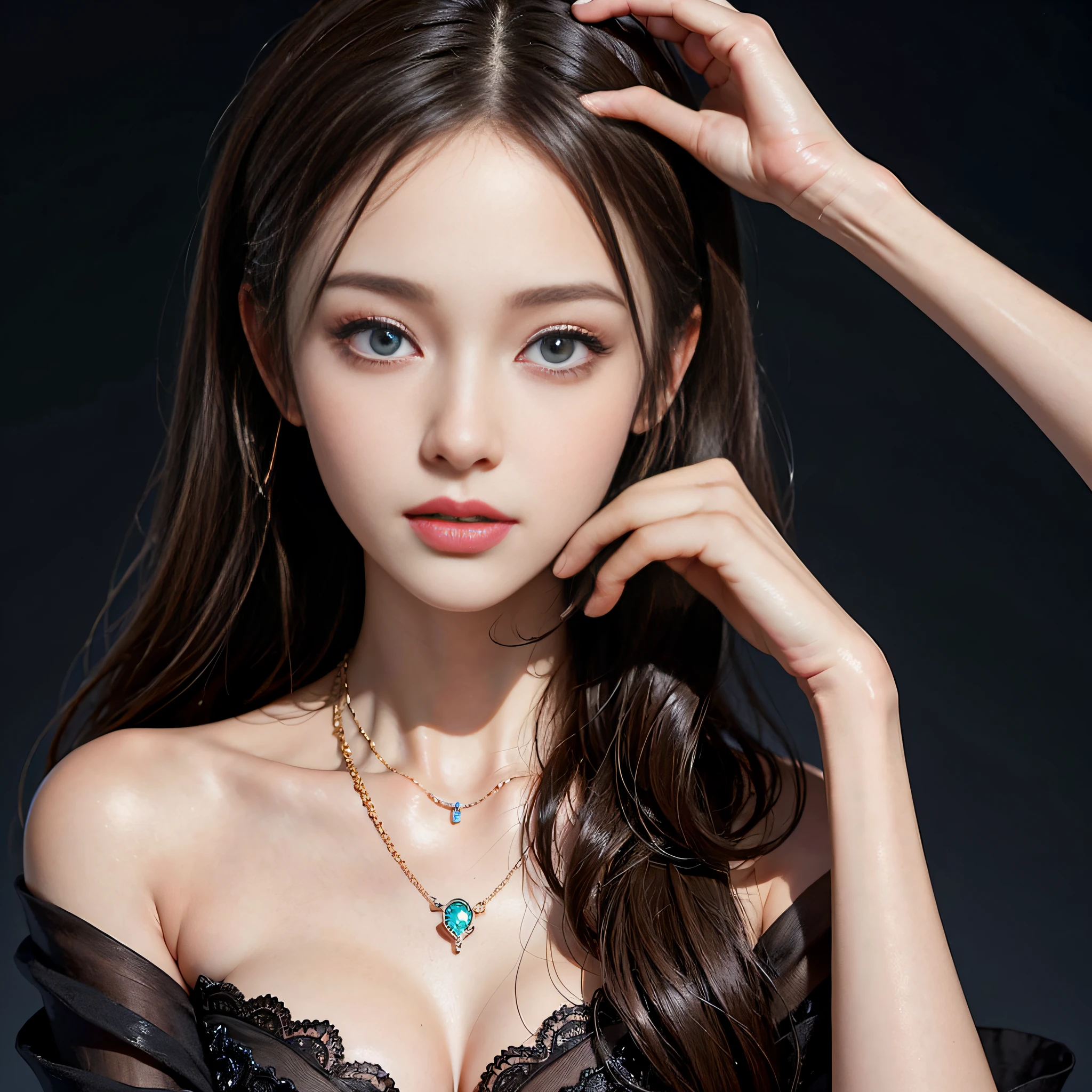 ((​masterpiece:1.4)、(top-quality:1.4)、(reallistic:1.7))、Super beautiful girl、((1girl in:1.7))、Shiny natural skin texture、Photorealistic beautiful face、((Extreme beauty portrait photography))、age19、realistic shaded perfect face、Ultra realistic digital paint beautiful girl、(Characters created by Luis Royo:1.4)、Upper body photography、Close-up photos、(Two arms:1.4、Two legs:1.4)、(perfect anatomia:1.4)、(Hands should be lowered)、perfect hand、Soft front light、beautiful countenance、kawaii faces、Beautiful udder、blue eyess、A detailed eye、Draw eyes clearly and beautifully、beautidful eyes、Narrow waist、Raw photo、Shallow depth of field、red-lips、a choker、a necklace、耳Nipple Ring、1 screen display、细致背景