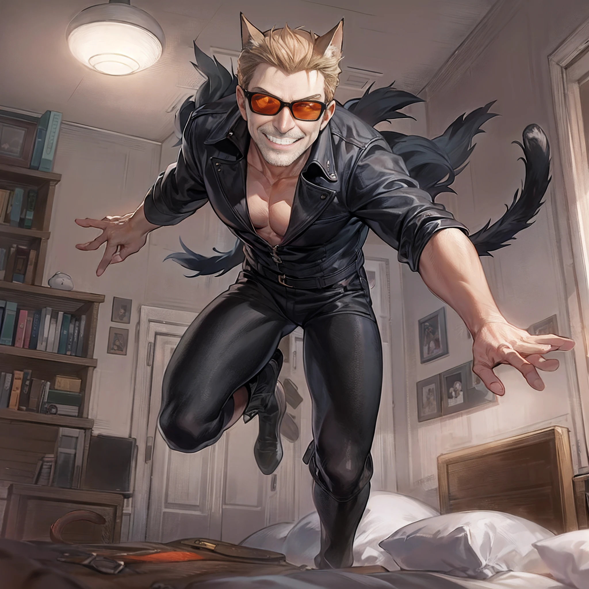 Albert wesker, in a bright bedroom, naked:1.2, shorts, black cat ears, red cat eyes, black cat tail, high resolution, middle aged man, smiling, jumping, in a vibrant fairy tail world, happy,
