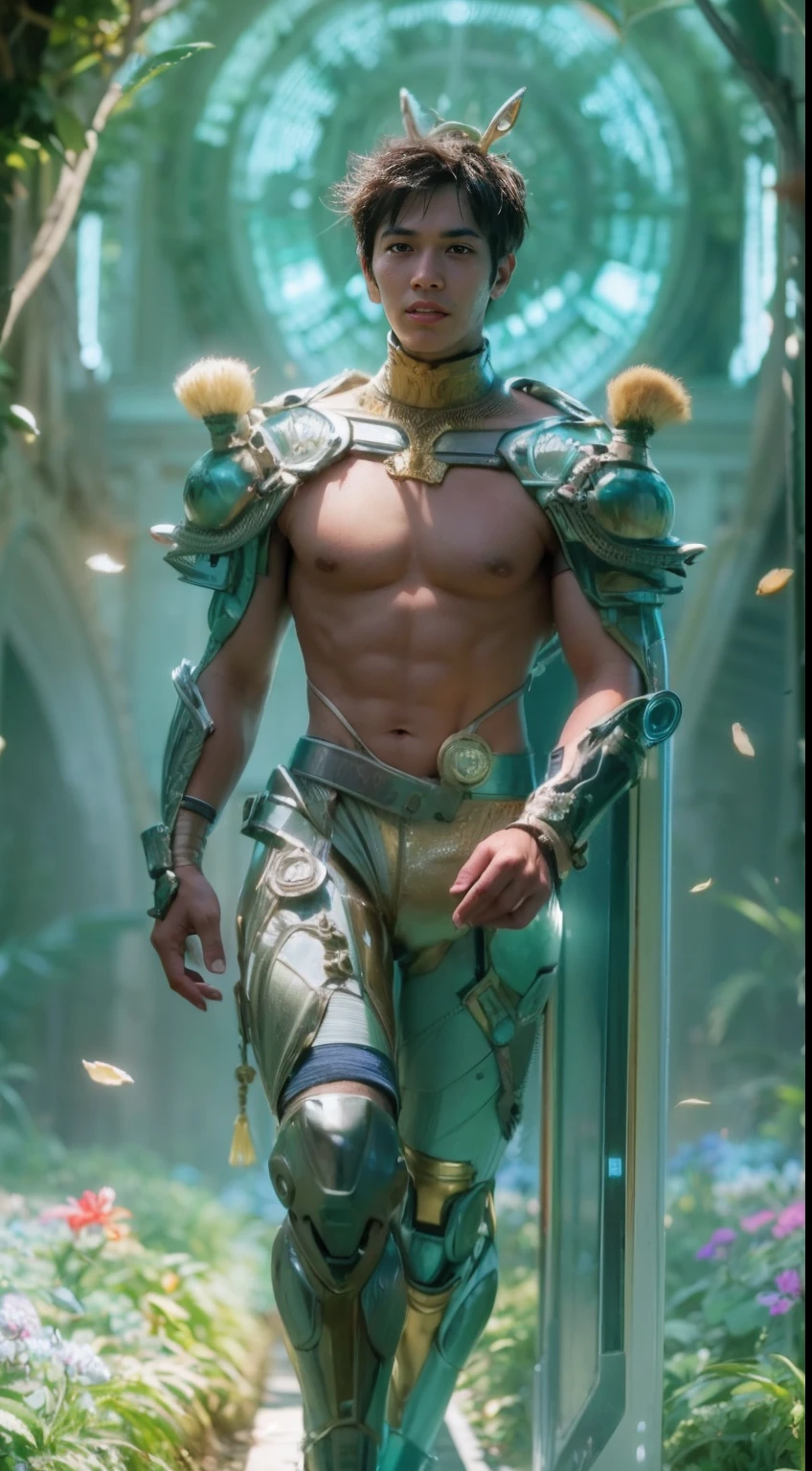 A handsome men, 1boy, Image of a smiling 25-year-old man., Wear futuristic cybernetic armor, Wear a huge futuristic crown..., Walk Through Charm, An ethereal forest with neon flowers and rainbows glittering in the sky..., sci-fi, intricate, neon lighting, ((perfect face)), ((perfect hands)), ((Perfect body)), ((Correct anatomy)), ((ultra realistic)), ((10, UHD)), high-detail, digital painting, Artstation, Concept Art, Human Anatomy, Soft light, smooth, illustration, Art by tian zi and craig mullins and WLOP and alphonse mucha, man, Healthy body