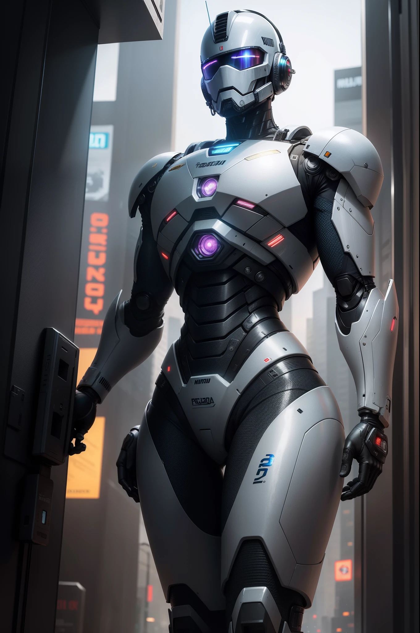 Obra prima , ultra realista, Robocop , TV series , policial do futuro , estilo cyberpunk, muito detalhado , luz reluzindo na armadura , fundo cidade cyberpunk , 8k resolution