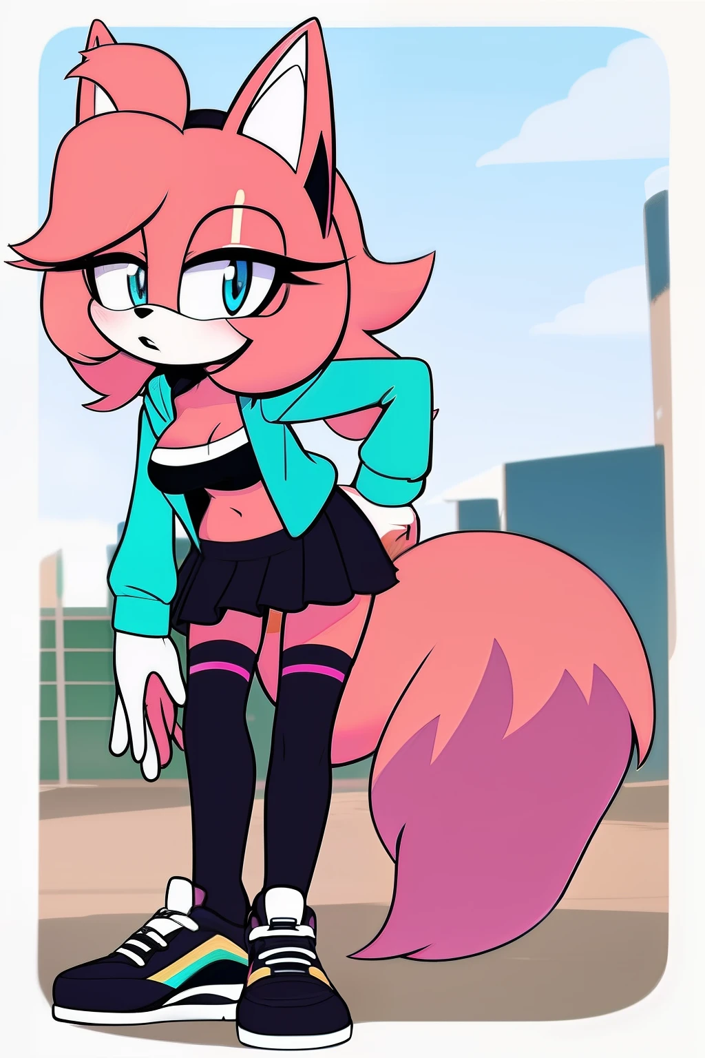 mobian, female, fox, purple, blue eyes, pink hoddie, black skirt, striped stockings, sport shoes, city, detailed, masterpiece, breast, hips, half-closed eyes, looking at the viewer, long hair, messy hair, slim body, standing, leaning forward, sport shoes, fox ears, fox girl, two-tone fur, black hairband