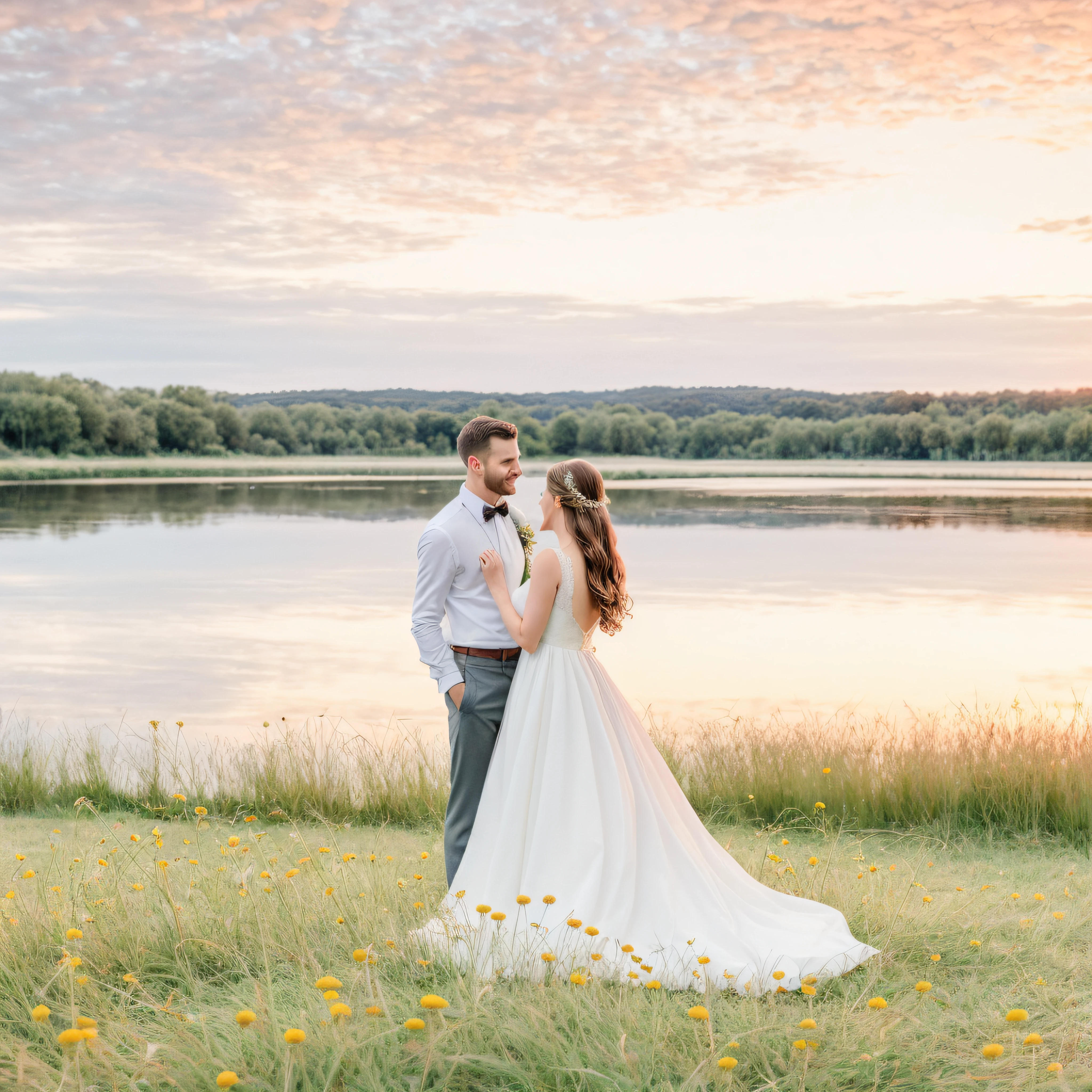 The bride and groom stand by the water at sunset in the field, Romantic landscape, jovana rikalo, gorgeous romantic sunset, lovely couple, alexander rostov, Dramatic sunset lighting, Bride and groom, Dreamy and romantic, Romantic couple, Flowing white dress, long white dress, stunning elegant pose, Modest flowing dress, couple portrait, beautiful wedding dress, Beautiful sunset, Pink clouds, Juicy grass, Chamomile in the grass