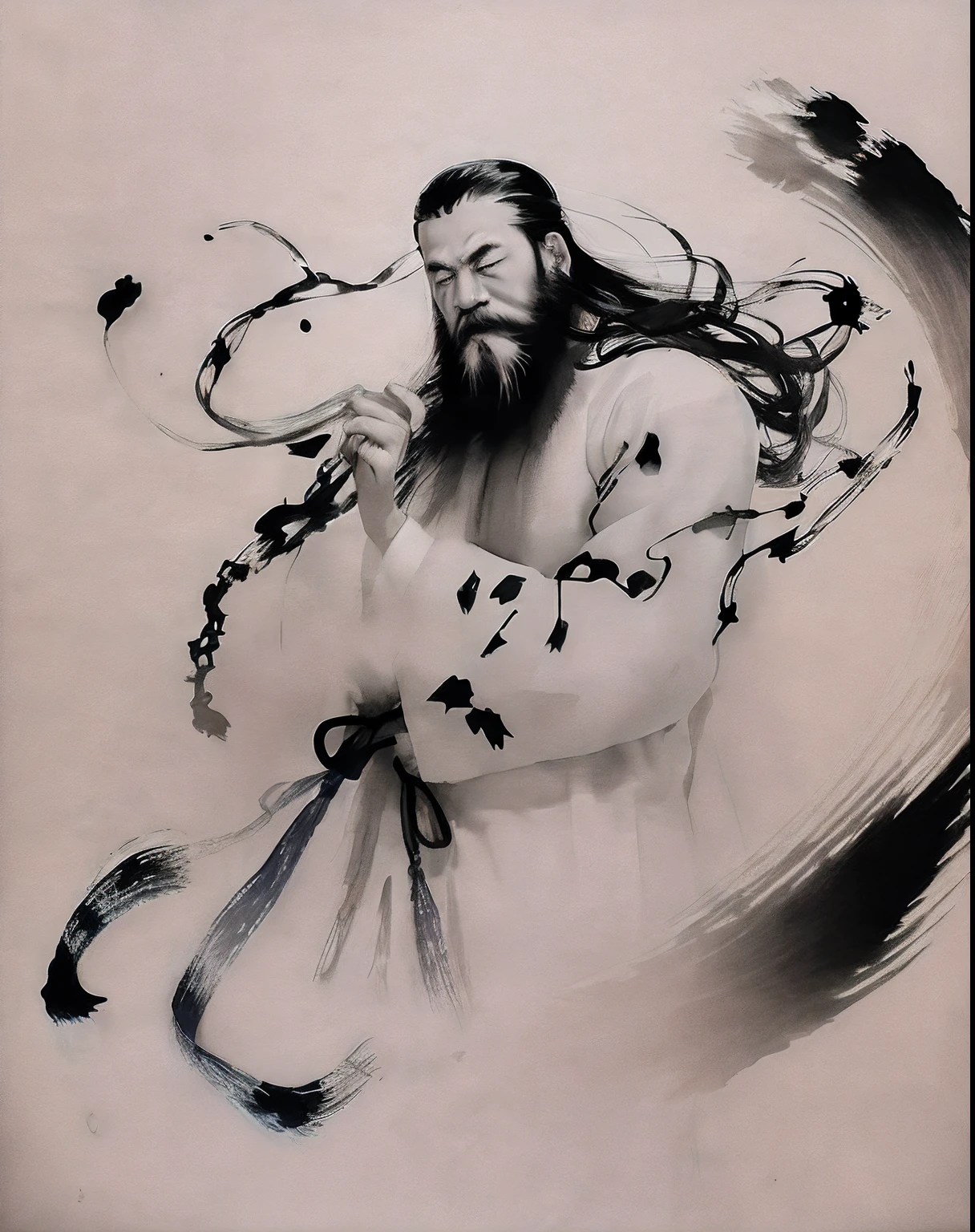 zydink, monochrome, ink sketch, 1boy, asian (middle age man), (long beard, facial hair), fighting stance, looking at viewer, long hair, floating hair, hanfu, chinese clothes, long sleeves, (abstract ink splash:1.2), white background