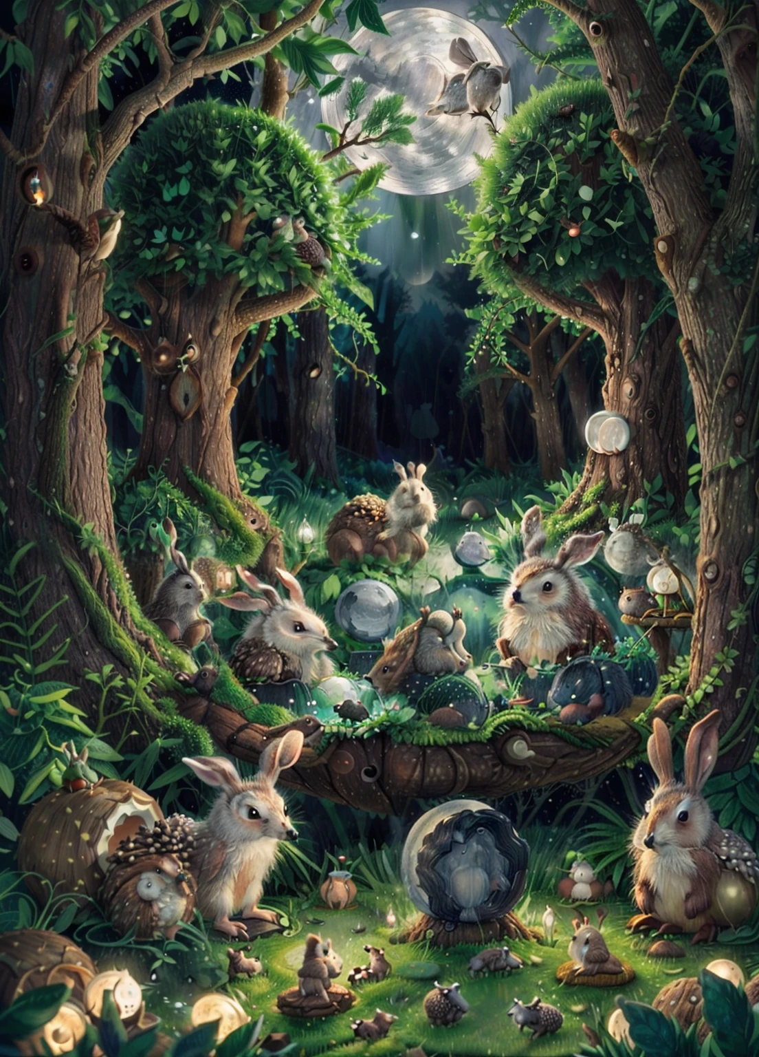 "(🌲Enchanting woodland:1.2) (🌕Moonlight bathes the serene scene:1.3) (🐇Bunnies:1.1 AND 🦔Hedgehogs:1.1) (gather to witness its rise:1.2), fawns, cubs, owls, owls,,".