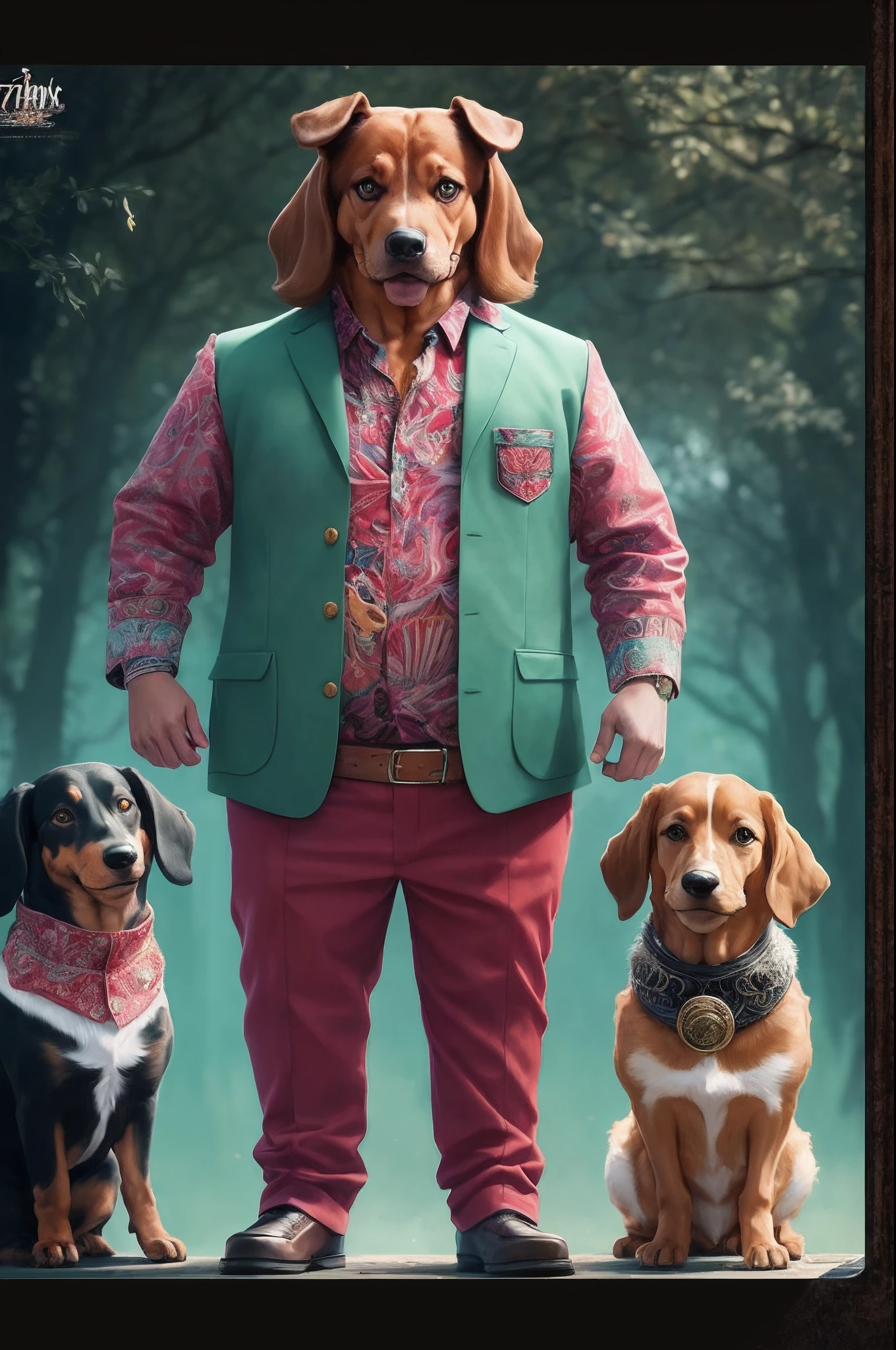 a 70s photo shoot for a really cool 70s record cover, all the band are upright biped anthropomorphic 'dacshunds', all big hairy creatures with dachshund heads, all wearing cool 70s colours and patterned 3 piece suits, award winning photography, super high resolution, hyper detailed, wide shot, depth of field, no text, style:Fantasy Art --auto --s2