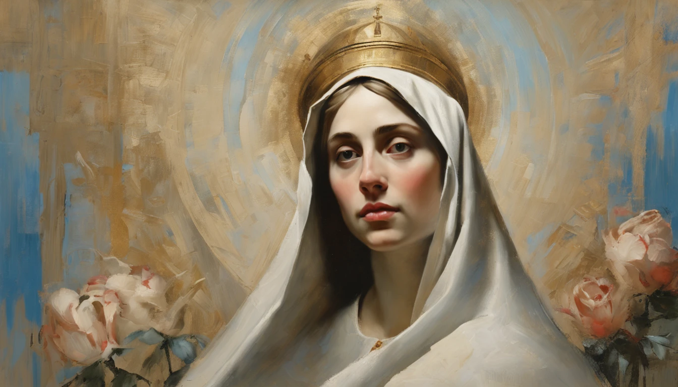 Color fullbody photograph of Saint Catherine of Siena (medieval italian stunning beauty face) (((beautiful young clerical lady about 19 years old))), Beautiful Art, painting of beautiful, Beautiful depiction,, Catholic Religious Art, rosen maiden, Sacred and beautiful, with a blue background, Boregov, guweiz masterpiece, religious art, Christian art, religious painting.  Directors: Pedro Almodóvar, Guillermo del Toro Cinematographers: Rodrigo Prieto, Emmanuel Lubezki Photographers: Annie Leibovitz, Mario Testino Fashion Designers: Valentino, Elie Saab.