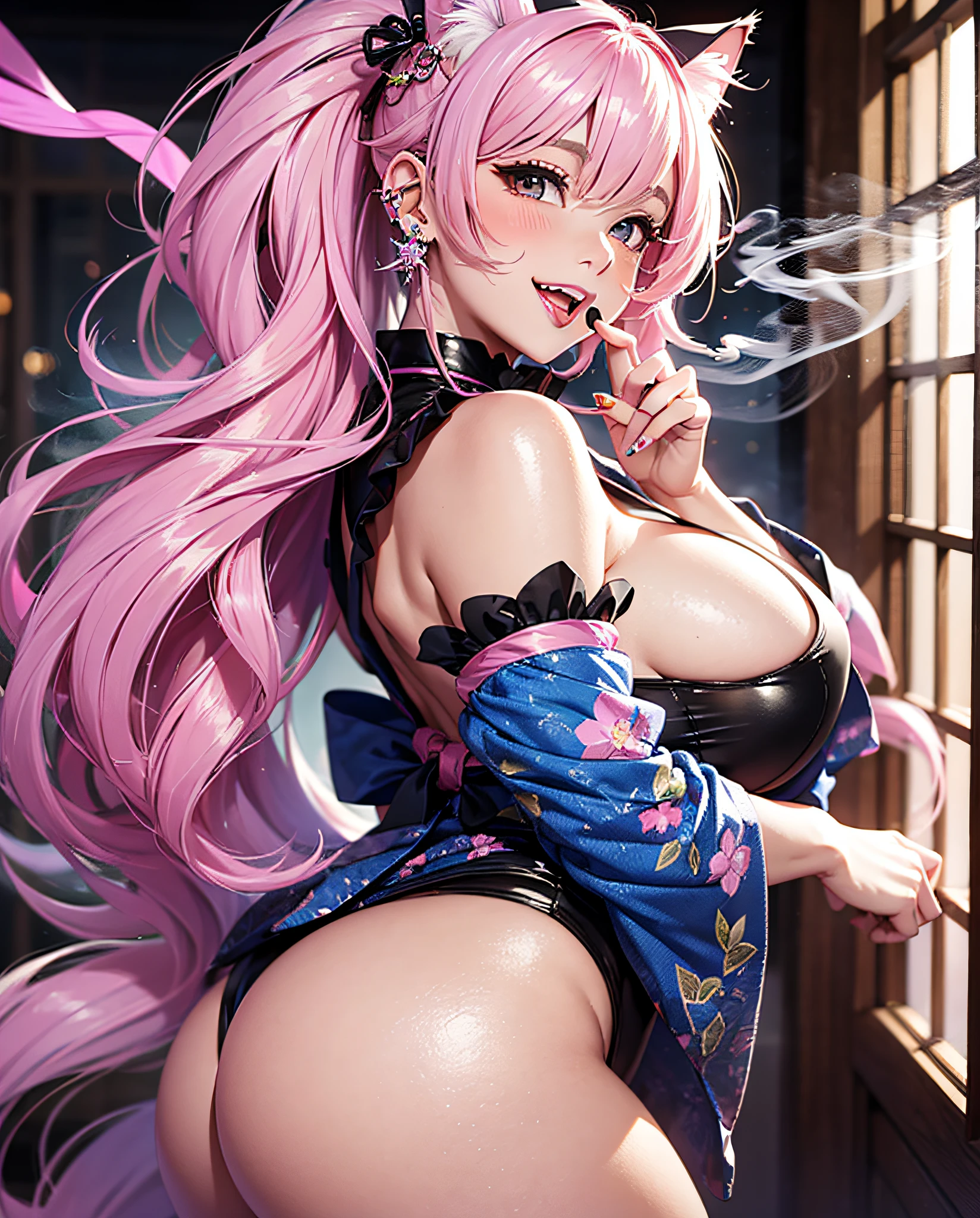 16K Ultra High Definition
Highest Quality
Glamorous cat girl
Super big ass and super big ass
Super Detail
Ultra-realistic body
Shiny skin
Glossy detailed hair texture
long beautiful long hair with gradient color from black to blue,,,,,,,,,,,,,
Sly smile
Cute fangs and pink tongue peek out
plump pink nipple rings protruding slightly from her outfit
Collar with bell
Sexy on her body、This pose is、It is a pose that hides very large breasts with hands.
Tail extending from her ass
Bewitching smoke covering the surroundings。The background is a Japanese-style room at night where you can see the moon from the window