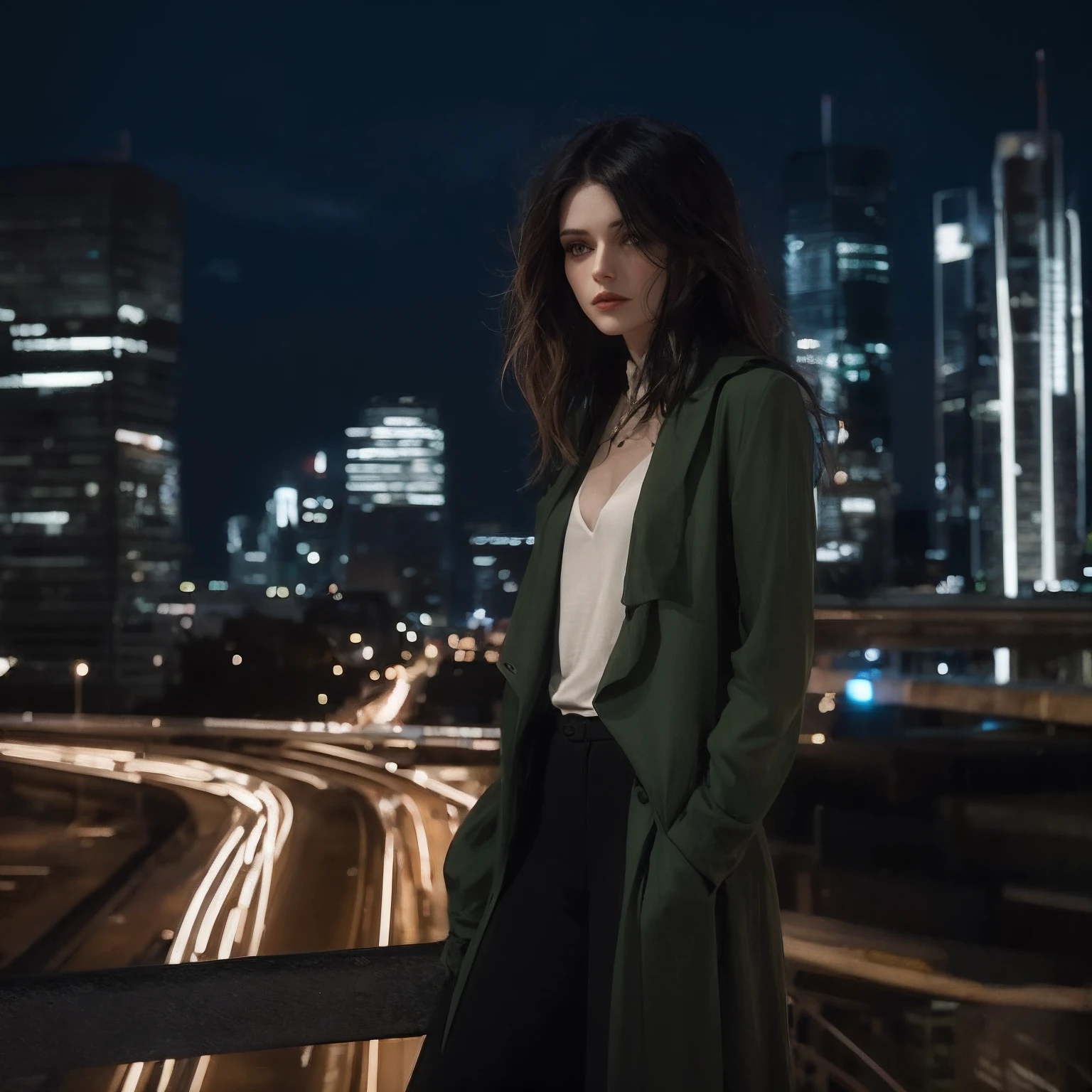 arafed woman standing on a bridge in a city at night, forest city streets behind her, night in the city, on a rooftop, reminiscent of blade runner, gothic city streets behind her, city rooftop, in a rooftop, on rooftop, inspired by Elsa Bleda, standing on rooftop, cinematic outfit photo, city lights in the background