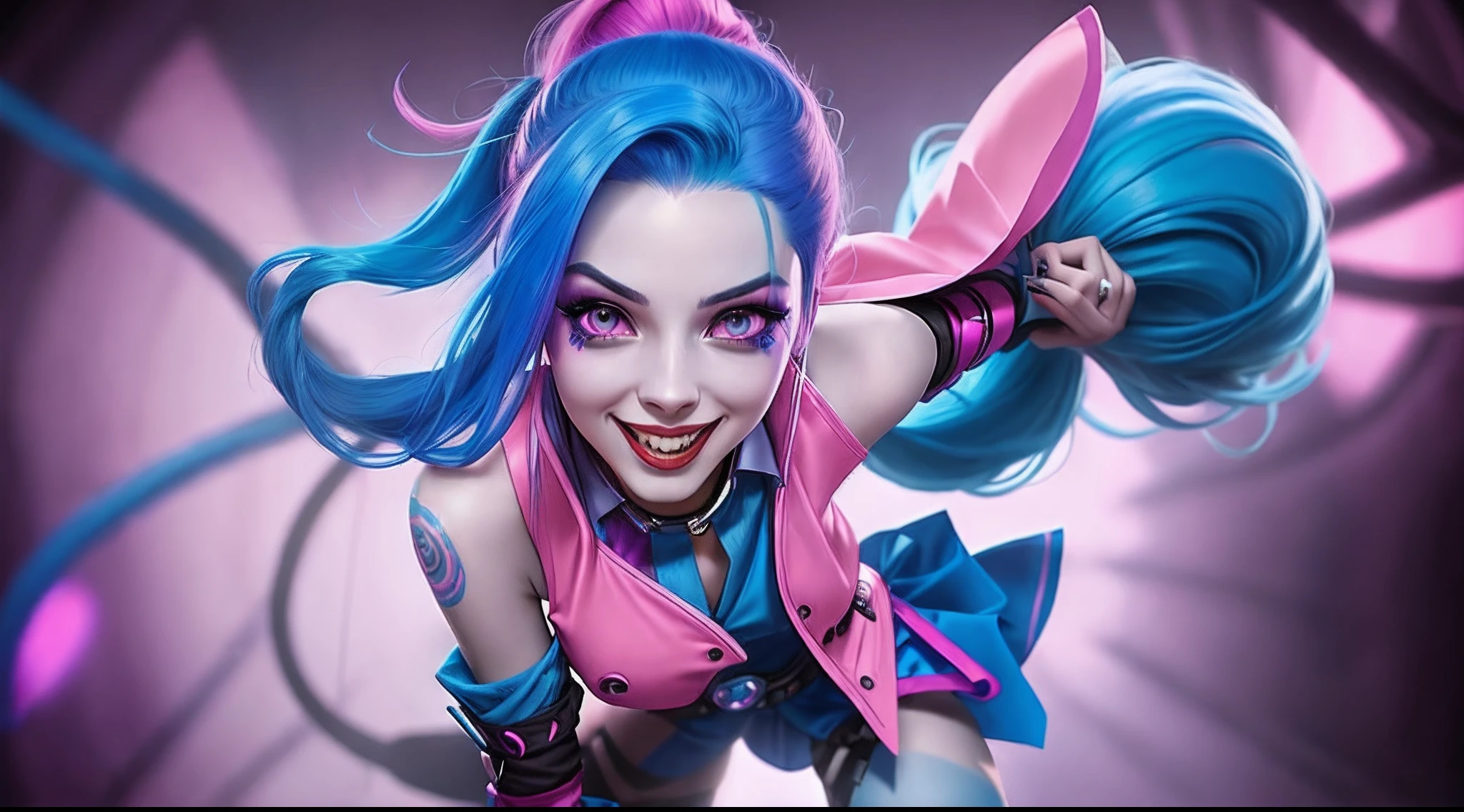 a close up of a woman with blue hair and a pink outfit, portrait of jinx from arcane, arcane jinx, jinx expression, jinx from arcane, jinx from league of legends, jinx face, blue hair