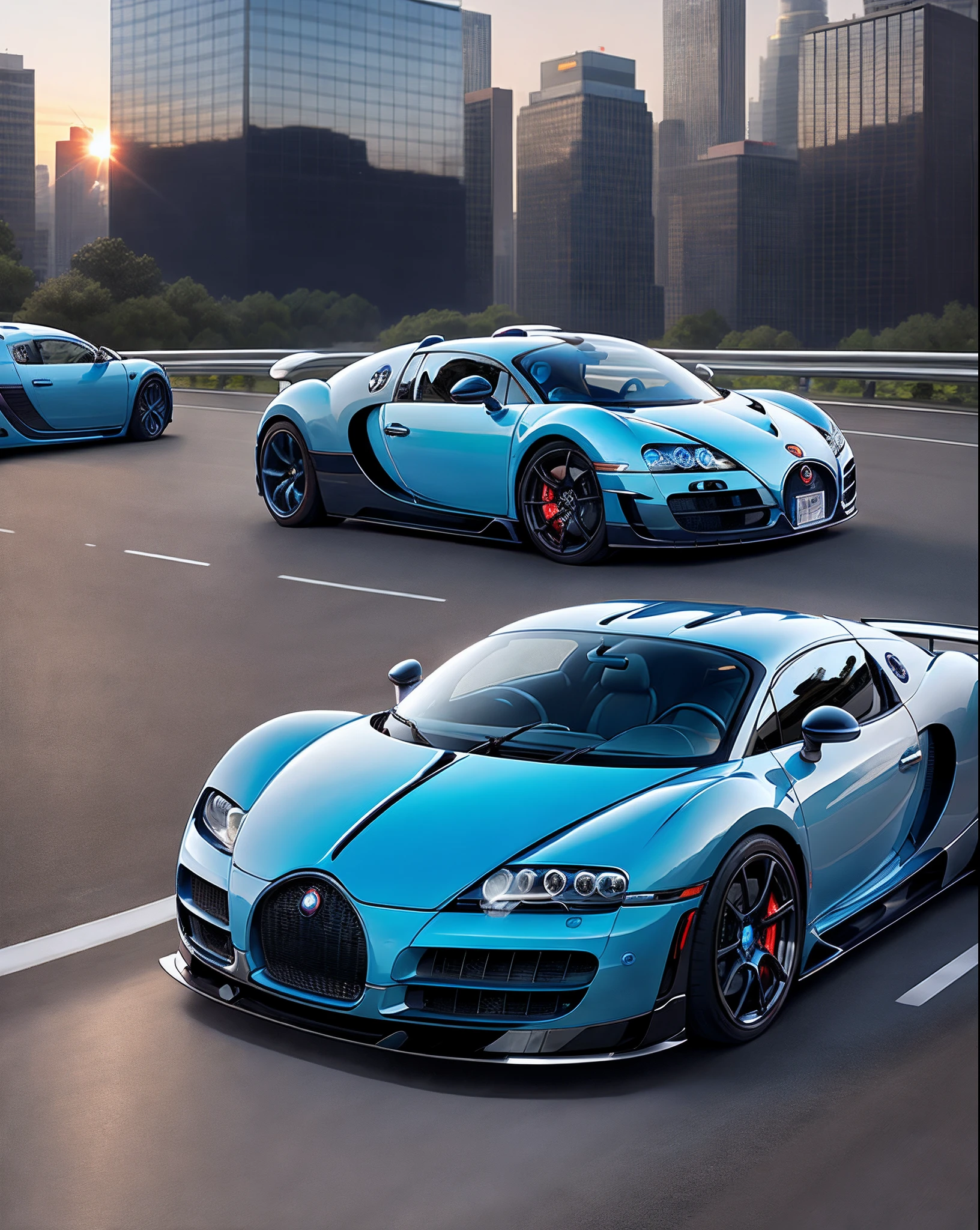 A blue buggati veyron with a white buggati chiron behind, driving on an highway, racing road, red metal body, glass windows, metallic reflection, city track, tall building, sunset, photography, art station trend, sharp focus, intricate detail, high detail, ambient light, ray tracing