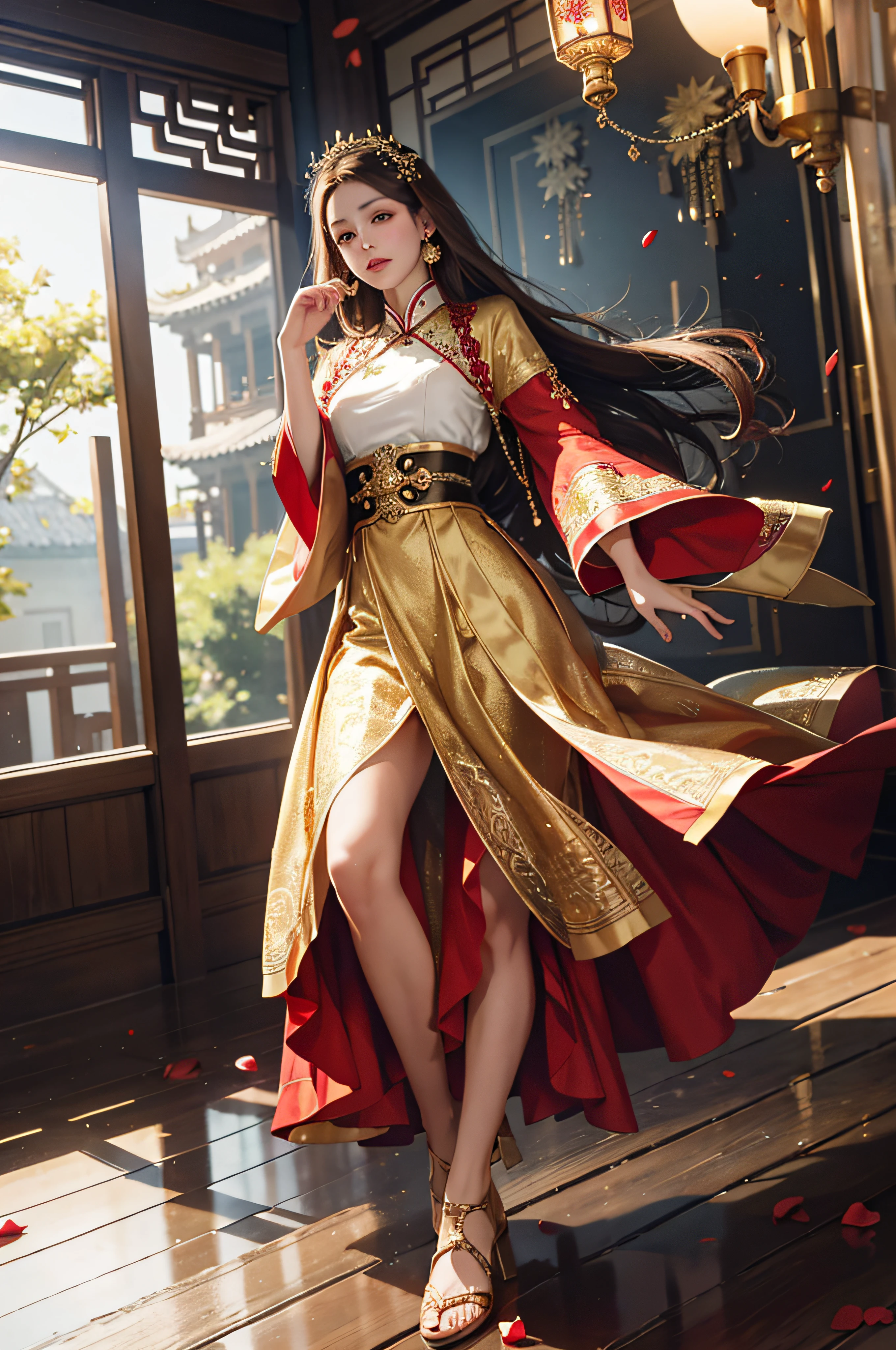 best quality, masterpiece, highres, (exquisite body:1.5),gorgeous face,(milky skin:1.3),intricate details,high resolution,wallpaper,
1girl, solo, dress, hair ornament, (((gold and red dress))), flowers, long hair, brown hair, closed mouth, jewelry, long sleeves, hand up, wide sleeves, big eyes,floating hair, chinese clothes, hanfu, embroidery, long skirt, natural pose, falling petals, indoor,fanning, lantern,
16K,HDR,highres,depth field,(film grain:1.1),boken,golden hour,(lens flare),vignette,rainbowing,(color grading:1.5)