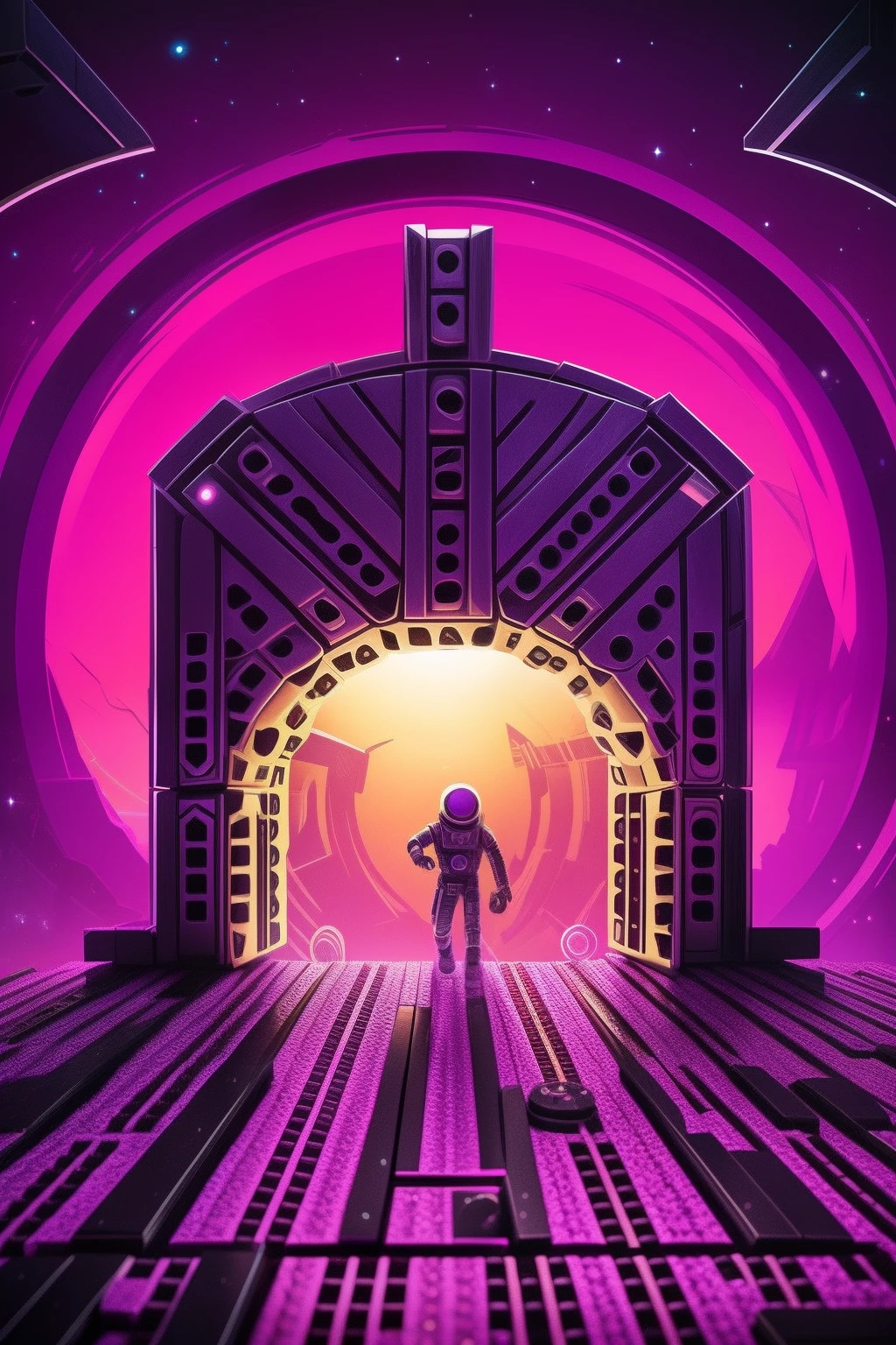 Alien portal made of domino pieces with spaceship inside the portal, 2d, estilo desenho animado, purple and sepia