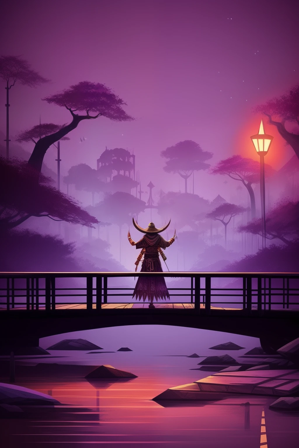 shaman and modern bridge, 2d, estilo desenho animado, purple and sepia