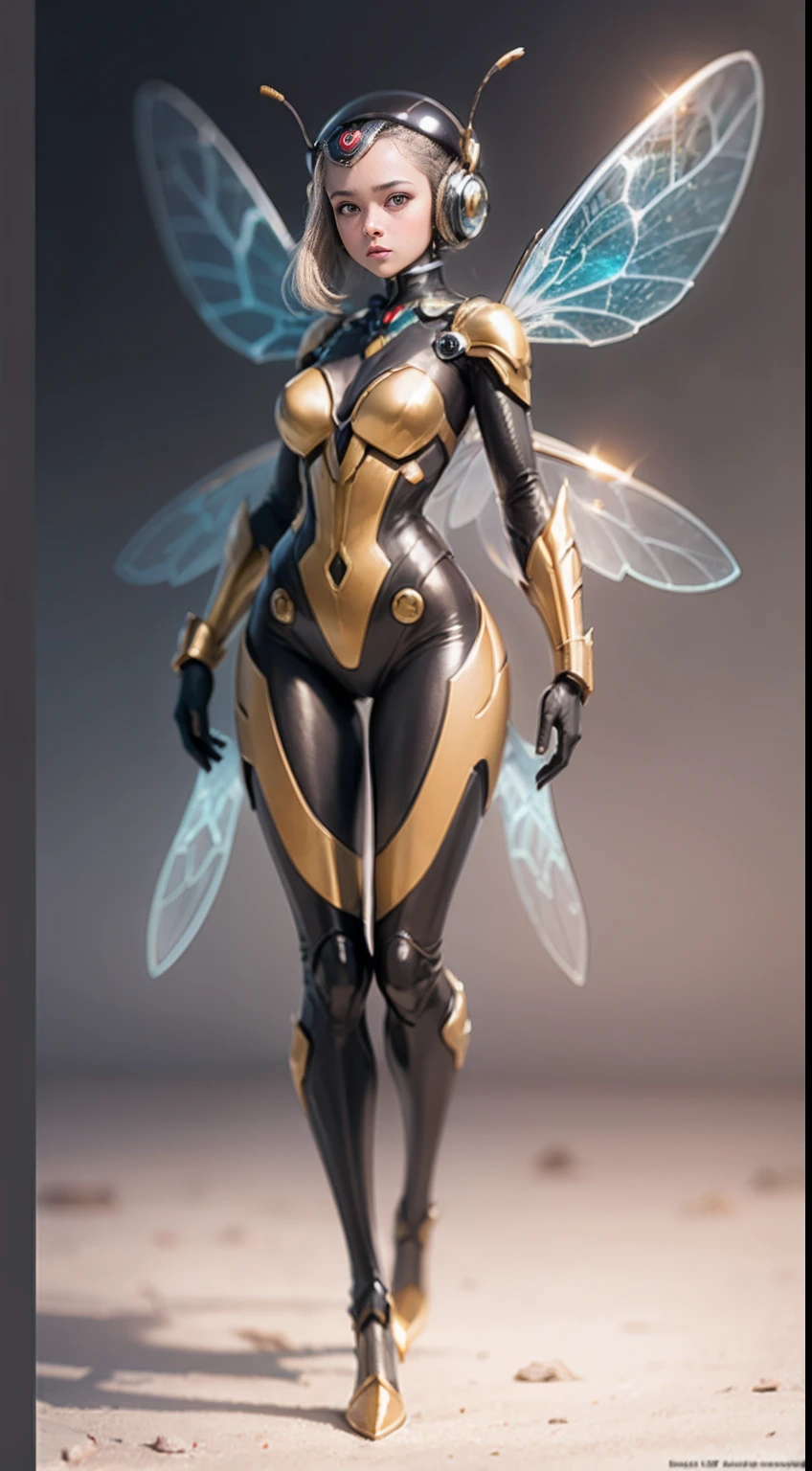 An exquisitely detailed portrayal of an astonishing Insectoid girl adorned with a remarkable Wasp Body, Shiny Plug Suit, Wasp wings, Full body, dynymic Pose, Cute Girl Face,