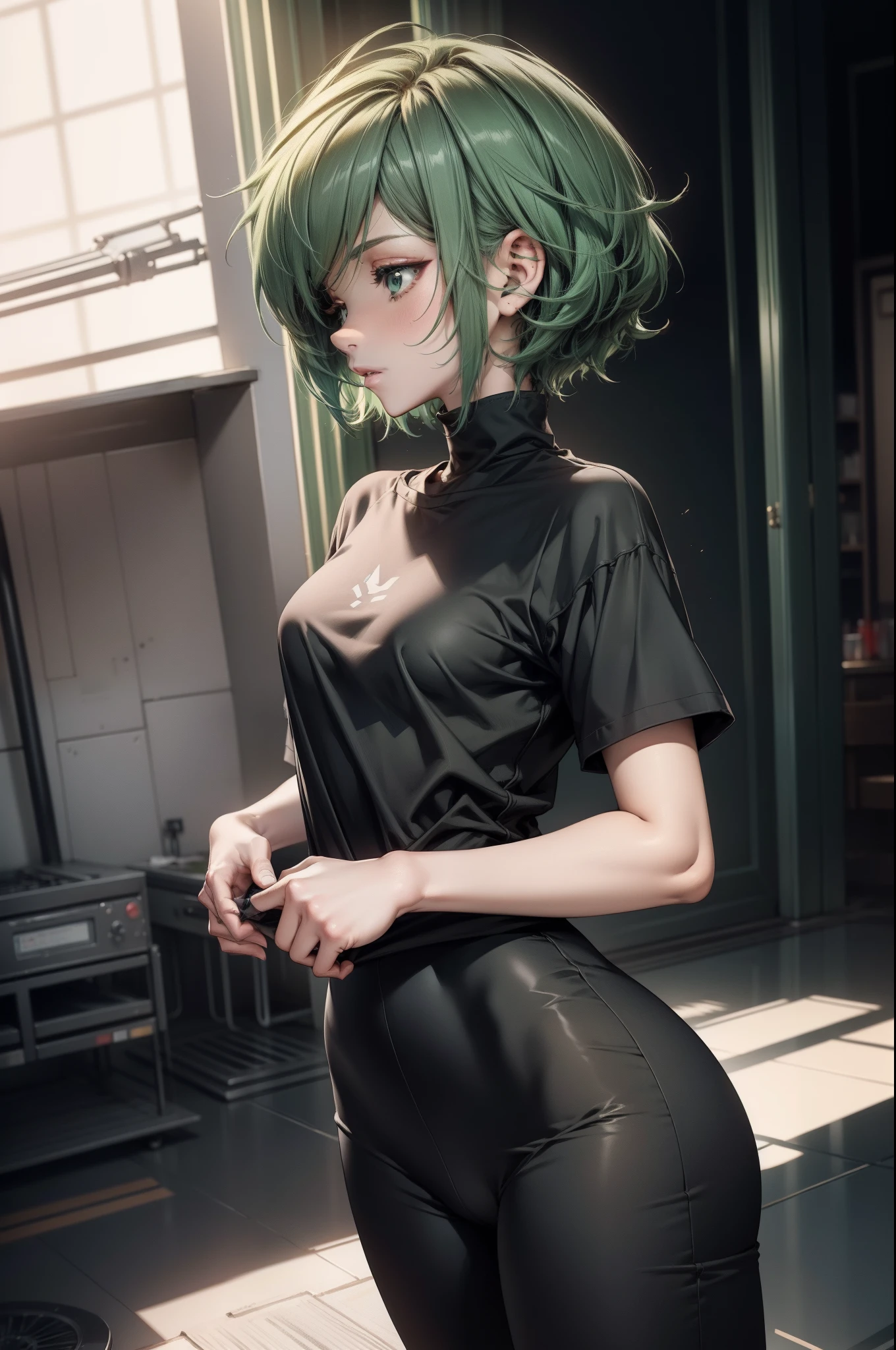 {{{{ masterpiece }}}},{{{{ 4K }}}},{{{{ badass anime 8 k }}}}, {{{{{{{{ short hair }}}}}}}}, {{{{{{{{ green hair }}}}}}}}, (extremely detailed CG, ultra-detailed, best shadow), (scenery: 1.2), adult body proportions, Black Oversized TShirt