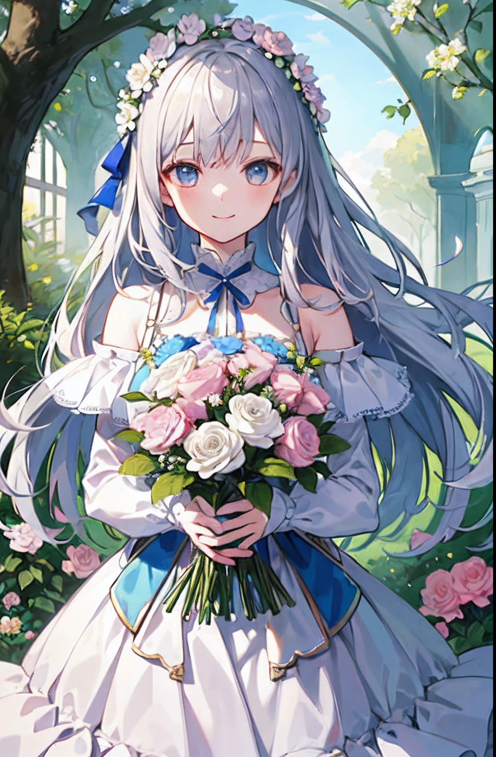 (masterpiece、top-quality、illustratio、Extremely high quality、high-level image quality、Extremely sensitive writing)Girl with long silver hair standing in beautiful flowery garden、A slight smile、She has a large bouquet、Cute national costume style dress with ruffles on the shoulders、Hair fluttering in the wind