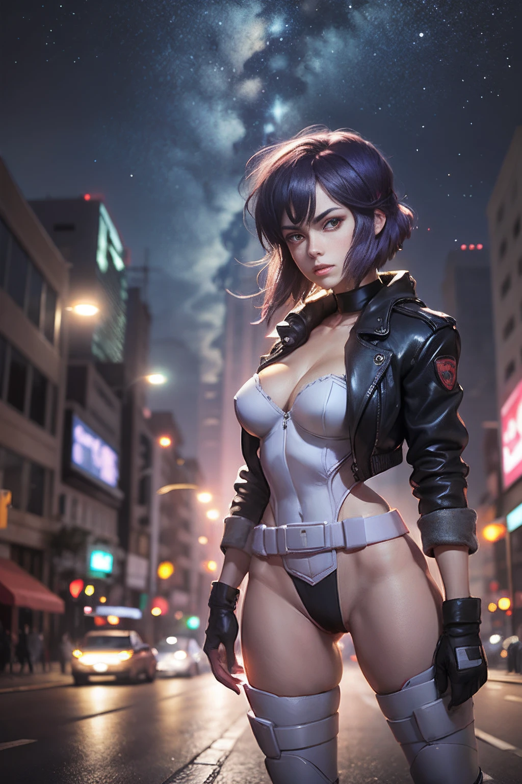 Motoko Kusanagi, Estilo anime Beautiful Woman, Esbelto, flaco, senos medianos, Cintura delgada, (obra maestra, La mejor calidad:1.2), Disparo de vaquero, solamente, 1woman, inexpresivo, boca cerrada, mirando al espectador, Brazos cruzados, chaqueta, Leotardo, muslosaltos, guantes, escote, highest qualityr, High resolution, manos realistas, Manos detalladas, sosteniendo arma,disparando, beautiful red eyes, shiny eyes, big eyes, fondo espectacular,luces calle urbana, de noche, carretera, luz espectacular,fondo nocturno