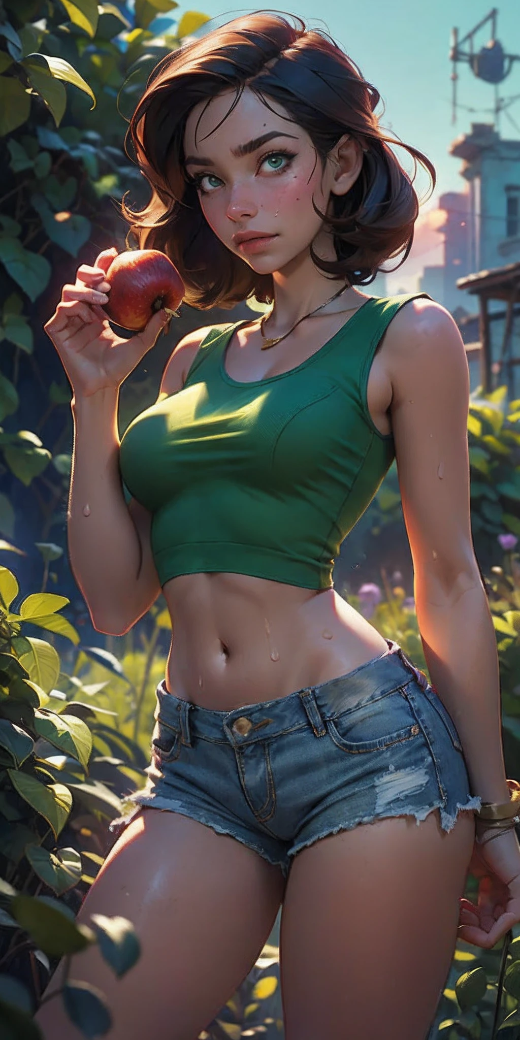 The Urban Ruins of the Wasteland, Female huntress picking fruit in the garden, green shirt and denim shorts , sweating through, sun rising, Nice warm colors, better lighting,