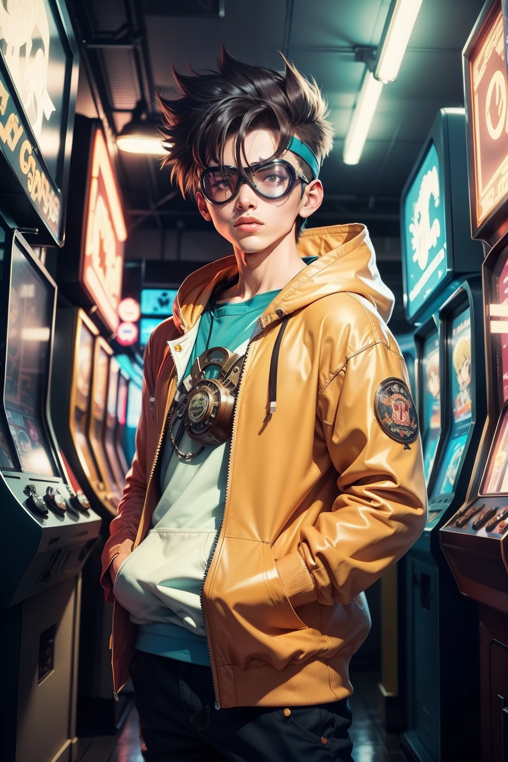 Vintage 90's anime style,retro.anime teenager boy with bandage on nose wearing steampunk goggles wearing hoodie ,in a arcade, sci-fi. , surreal.