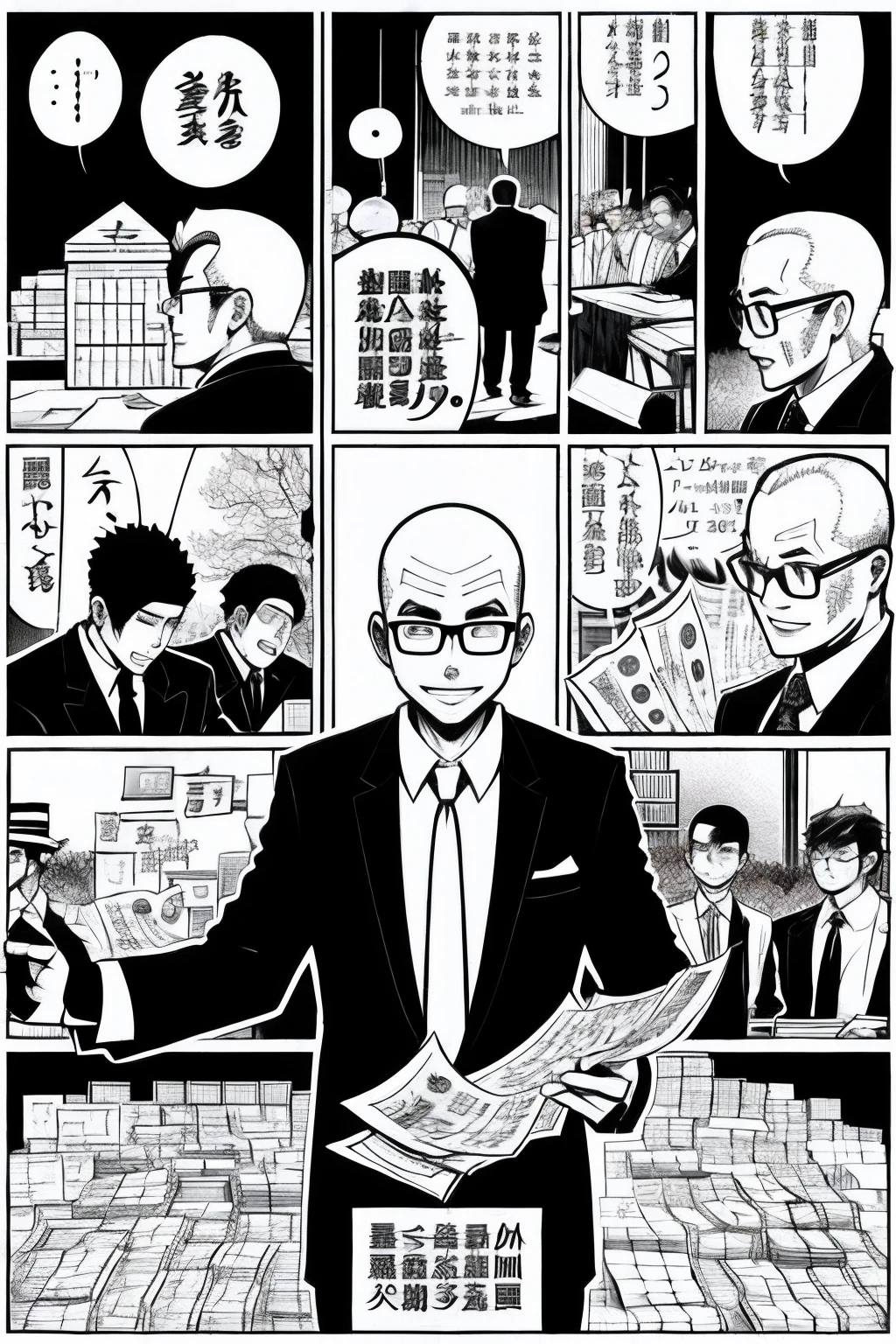 Sankaku manga,detail-rich,4k画质,The first block is a lot of men and women,Snap up brain platinum;In the second frame, a boss sits behind a desk,Greedy parliamentarians,Surrounded by a group of beautiful women,The ground was sprinkled with banknotes;The third compartment discharges sewage
