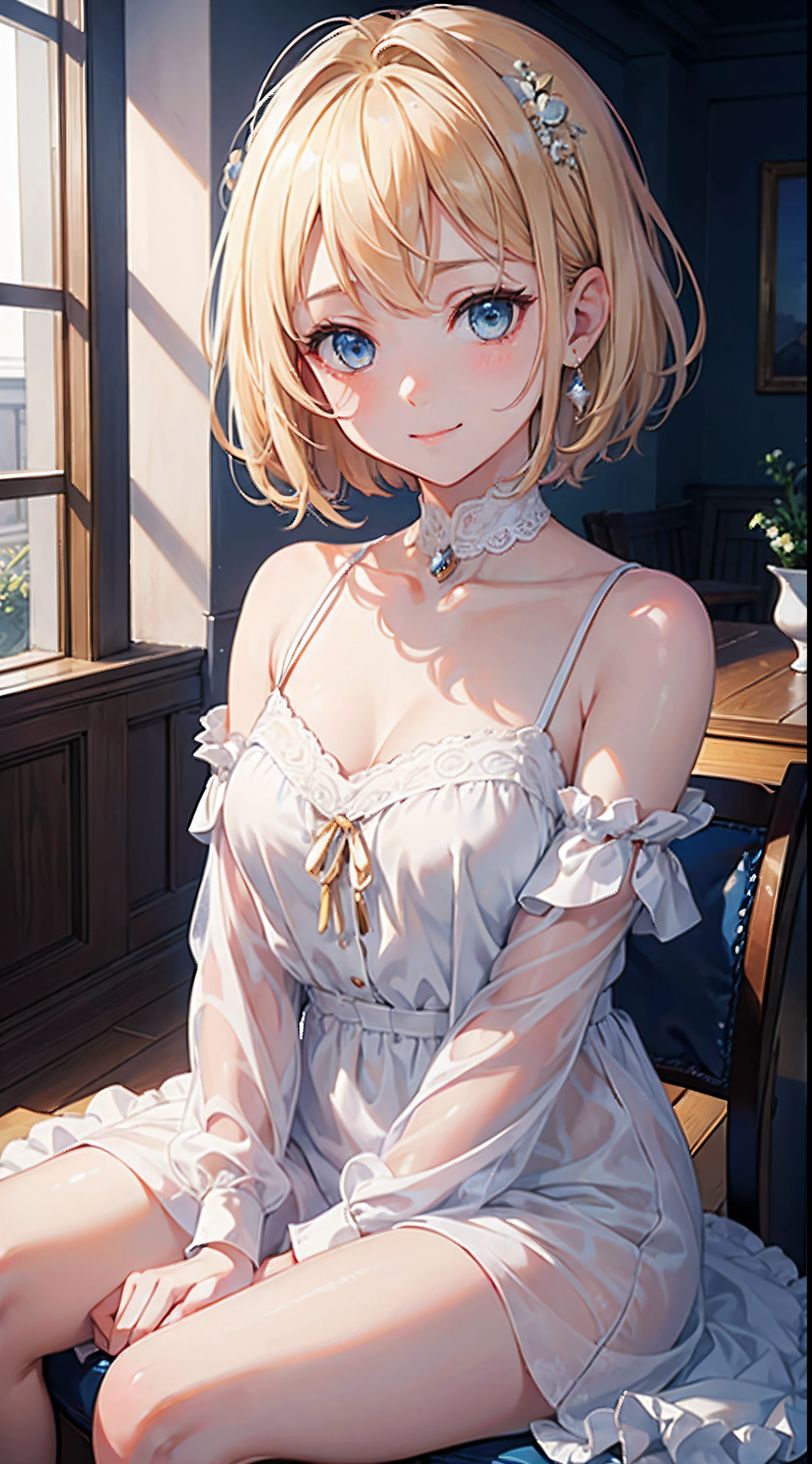 (Real: 1.4), (Masterpiece, Sidelights, Fine Beautiful Eyes: 1.2), Masterpiece*Portrait、、、、, Realistic, 3D Face, Glistening Eyes, Glossy Hair, Skin Falling Out, Solo、、、、, Embarrassing, (Epigastric), White Underwear, Blonde Hair, (Princess)