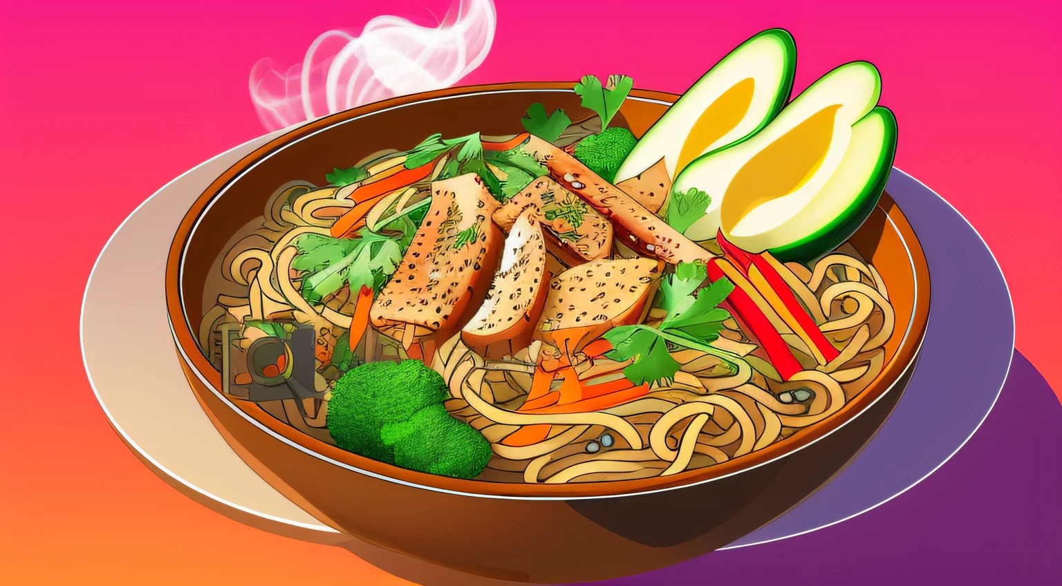 A vibrant bowl of steaming Asian noodles, garnished with colorful vegetables and herbs. illustration,