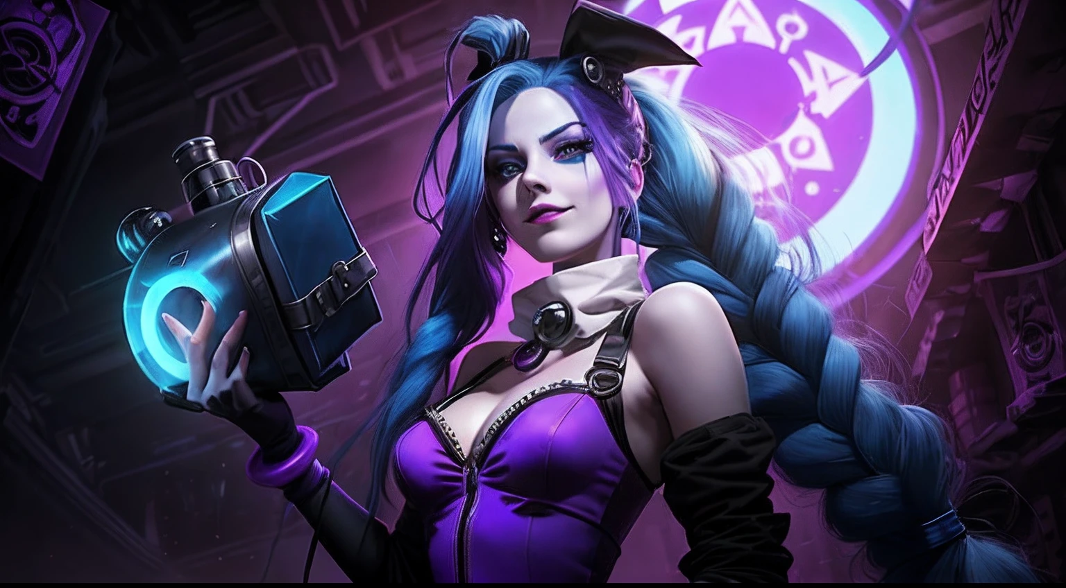 there is a woman with blue hair holding a bomb, arcane jinx, portrait of jinx from arcane, jinx from league of legends, jinx from arcane, jinx expression, jinx face, long blue braids, blue hair, purple eyes