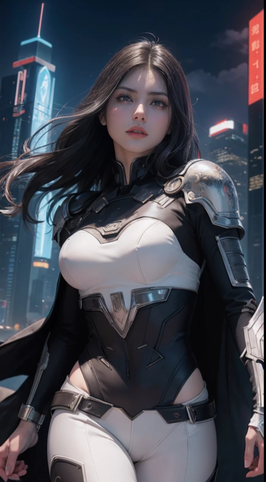 (Cate: similar to Morena Baccarin & A perfect face & White cyberpunk Full armor with pants & Ultra detailed hazel eyes & Tall & Slender & Pale skin & Dark brown hair cascading down to your shoulders & Small bust & hourglass figure),| She Is Running On The Rooftops, Dynamic Poses, Background Futuristic Night City,| Naoko Takeuchi style,|