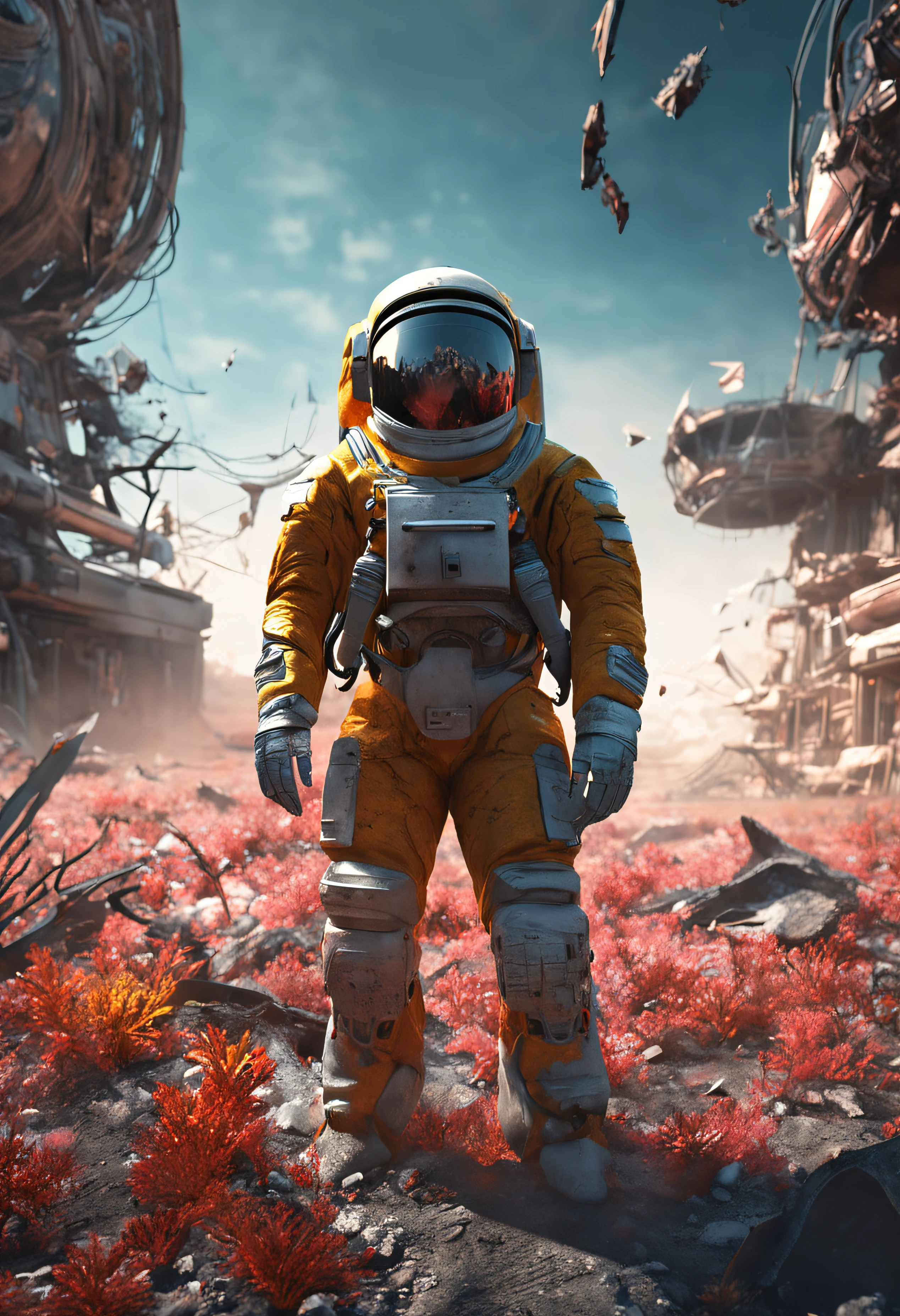 Gorgeous stripped astronaut drying flowers, Bock Crown,, Damaged suit, Blocked masks, Cracked glass, Scratch the screen, the land,Christmas Paradise, The forgotten people,8k recycling, Cinematic style digital art rendering with mechanical and futuristic details, Sci-fi, Ultra photo realsisim , postapocalyptic, Damaged, Surreal,Horror, zombi, total, Monsters, Undead, bodyhorror, Sunset,blurred environment background, Neon energy halo on the back, (Perfectly shaped eyes:0.8), Portrait, Digital art, concept-art, post-proces, Dynamic lighting, (Drawn by Bochen and WLOP, Stylized by Nixeu and Greg Rutkowski), pixiv trending, Perfectcomposition, Cinematic, Majestic, Detailed, sharp detailed, Sharp focus, Perfect anatomy, Shiny, Masterpiece, Award-winning photography, Fine-tune the face, Masterpiece, fine art:Yoshiyuki Sadamoto和Matt Banning。