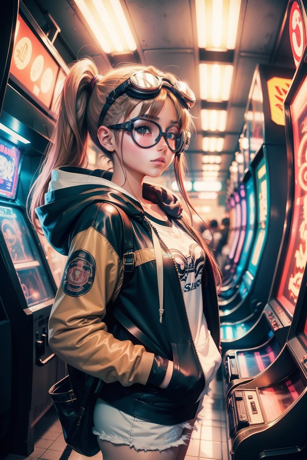 Vintage 90's anime style,retro.anime teenager girl with bandage on nose wearing steampunk goggles wearing hoodie ,in a arcade, sci-fi. , surreal, long shot.