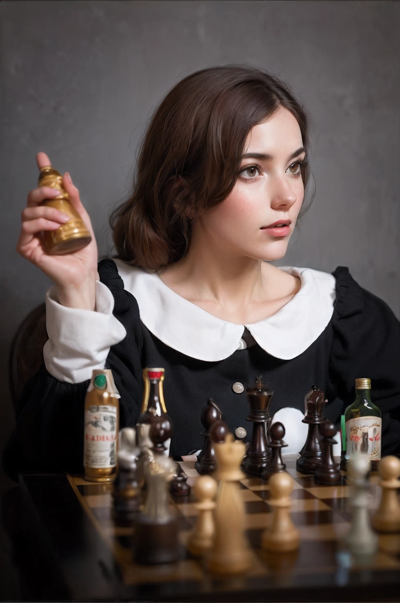 a young woman playng chess at a table, red air, some of the chess pieces are mignon bottles of alcoholics, beth harmon style, studio photo session