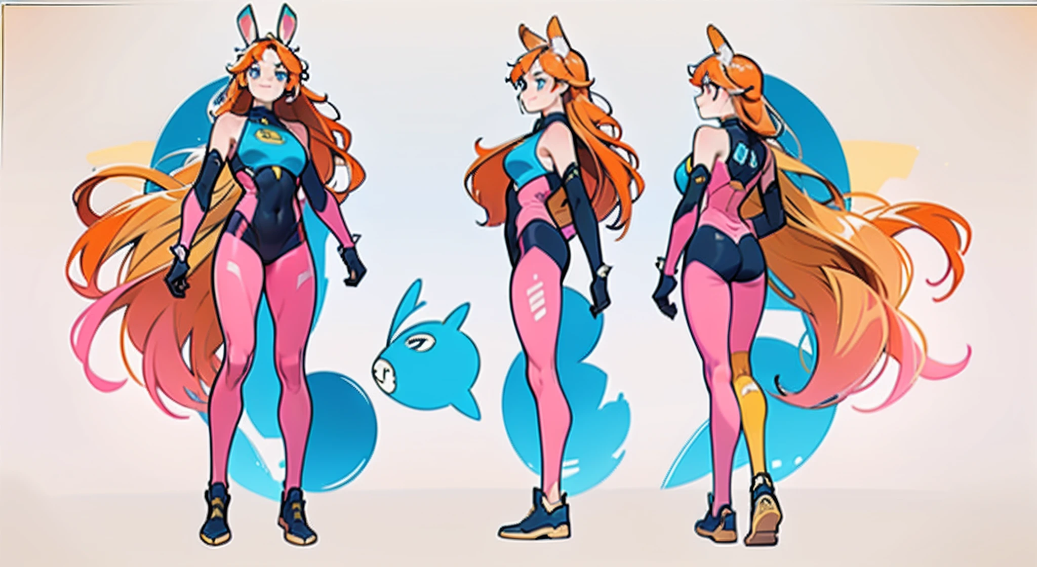 (masterpiece:1.2, best quality), 1woman, cute face, big eyes, round cubby cute face, smile, long legs, full body, adult mature female (spiky orange-pink hair, (orange-pink mullet 1.1)), (very long hair), blue eyes, (white/yellow pupil,) hero, sleeveless blue spandex bodysuit, long orange-pink rabbit ears, bodysuit ((masterpiece)), (((best quality))), (character design sheet, same character full body, front, side, back), Illustration, hair color, bangs, hair fax, eyes, environment change, pose kota, female, game design character sheet for 2d scrolling game, point and click adventure game character, full body, model sheet turnaround, full color, two thirds wiew, front::4 view and back view, high resolution, 8k, 4k, high quality