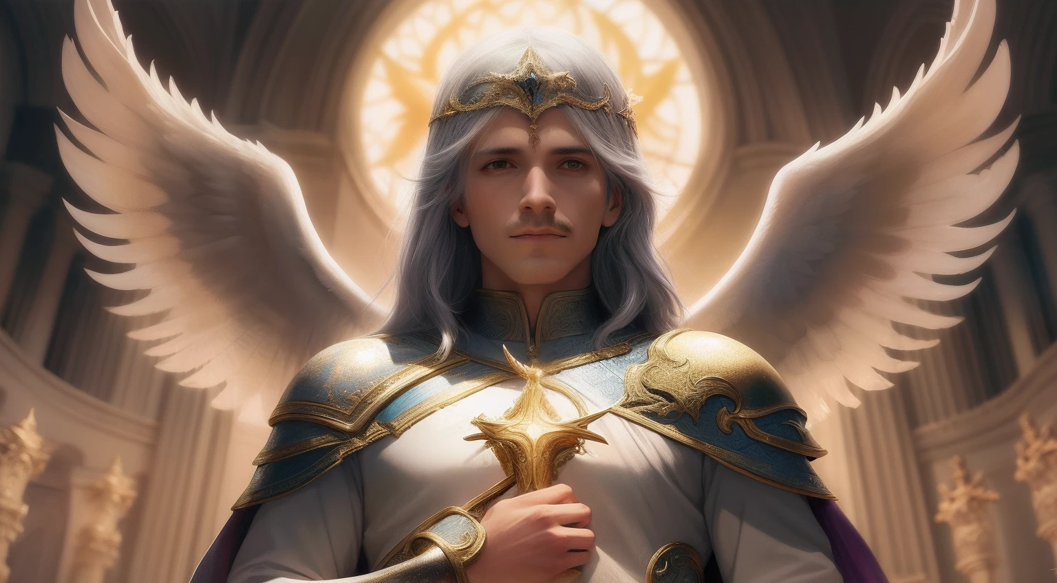 Arafed anjo com uma espada em uma igreja com um vitral, elegant cinematic fantasy art, arte fantasia behance, epic fantasy art portrait, Neoartcore e Charlie Bowater, Epic Fantasy Digital Art Style, retrato de arte conceito de fantasia, Anjo majestoso de corpo inteiro, arte do personagem charlie bowater, Retrato de um anjo bonito, Arte de fantasia 4k