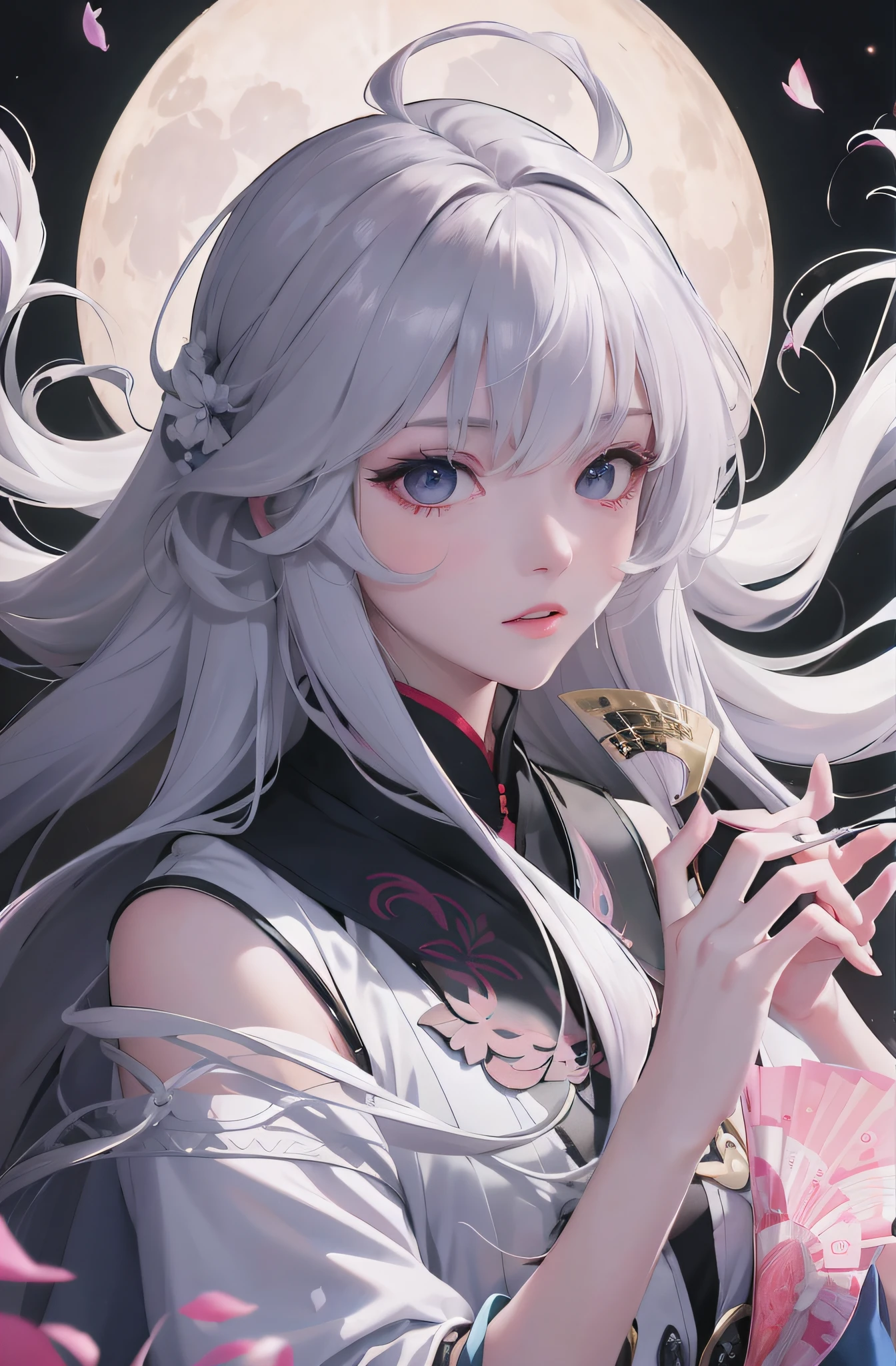 Masterpiece, Best, Night, Full Moon, 1 Female, Mature Woman, Chinese Style, Ancient China, Elder Sister, Royal Sister, Cold Face, Expressionless, Silver White Long Haired Woman, Pale Pink Lips, Calm, Intellectual, Three Belts, Gray Hitomi, assassin, dagger, flower ball background, street view