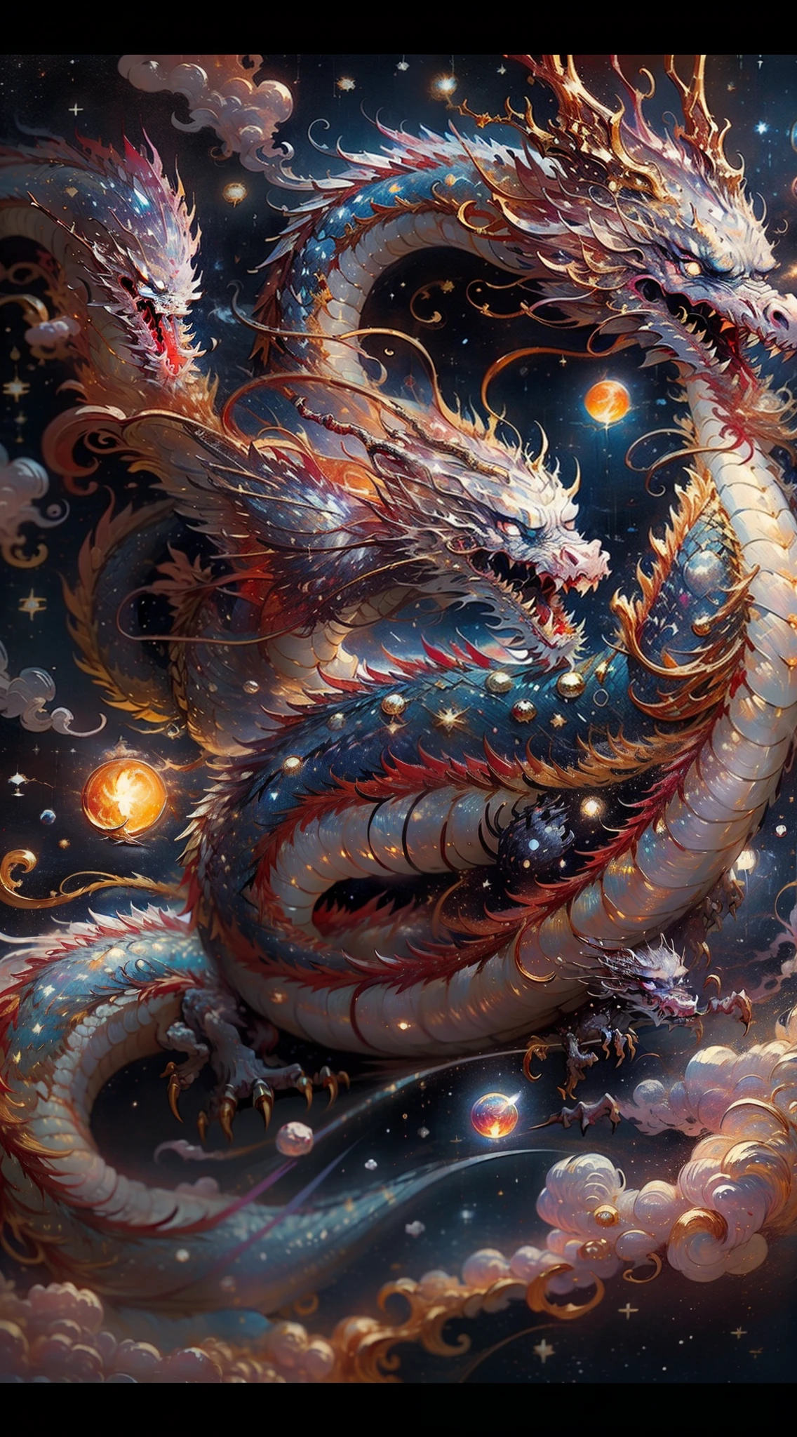 A celestial Chinese Dragon flying in the night sky, moon illuminating vibrant colors of dragon scales ((red, blue, gold:1.3)), mid-20th century vintage oil painting vibe ((Van Gogh style:1.2)), (pearly teeth:1.5), fiery eyes, cosmic stars in the background, (galaxy:1.3), fire-breathing, inspired by the works of Xu Beihong.