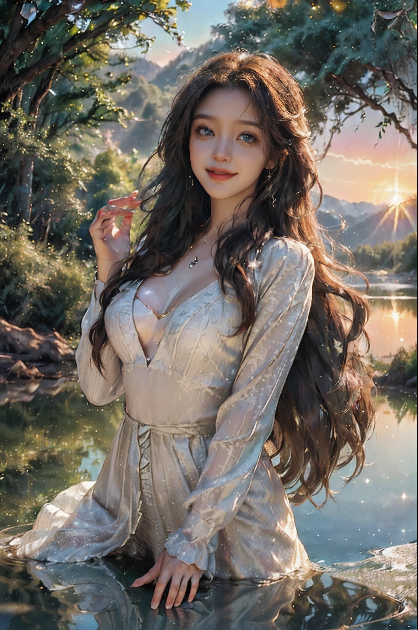 (stunning Colombian woman, professional photoshoot, highly detailed atmospheric nature scene, long wavy brown hair, portrait photography style, (sparkling eyes, radiant smile, fashionable attire, specific posture, perfect skin texture, close-up, GoPro Hero 9 camera lens, (lush forest background, cascading waterfall, sunset lighting, vibrant flora, (f/2.8 aperture, crisp high definition quality, trending on Instagram, positive vibe, joyful mood, natural beauty, landscape reflection in eyes)))), HDR, Peter Kemp, 4K, Ultra detail