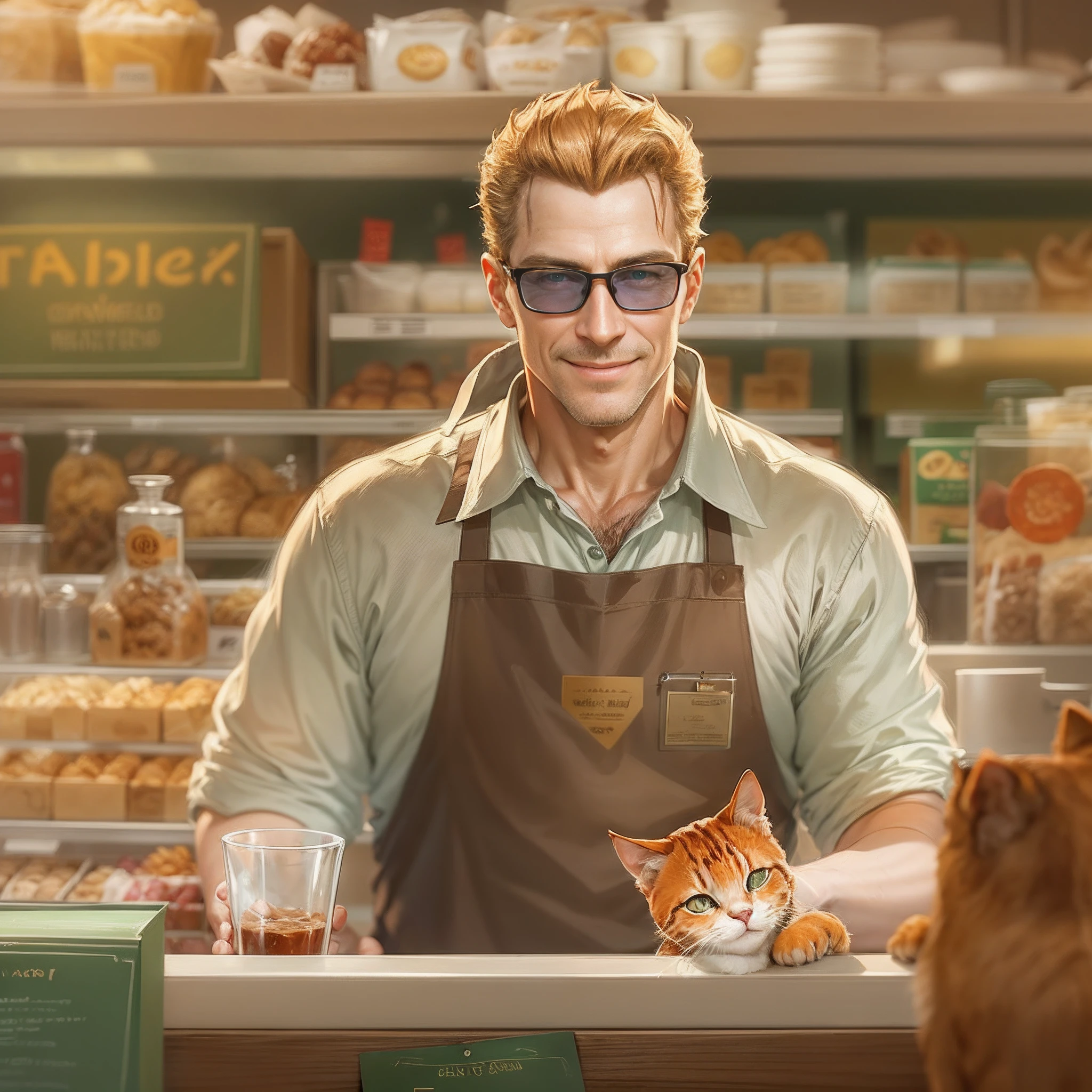 Albert wesker, in a panera, clear glasses, smiling, wearing white polo, green apron, behind a counter, red cat eyes, middle aged man, gold name tag,