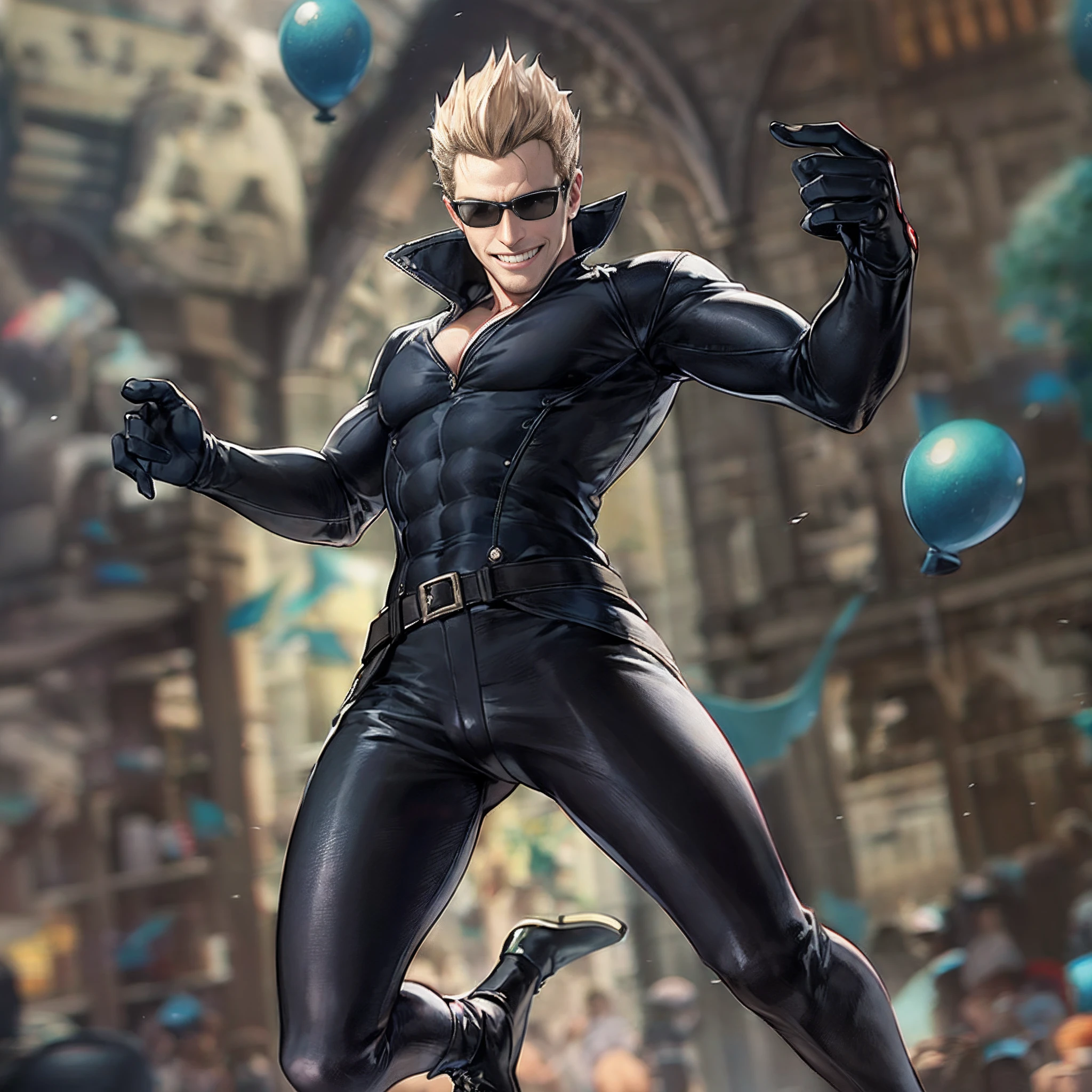 Albert wesker, naked:1.2, black cat ears,  high resolution, middle aged man, smiling, jumping, in a vibrant fairy tail world, happy,