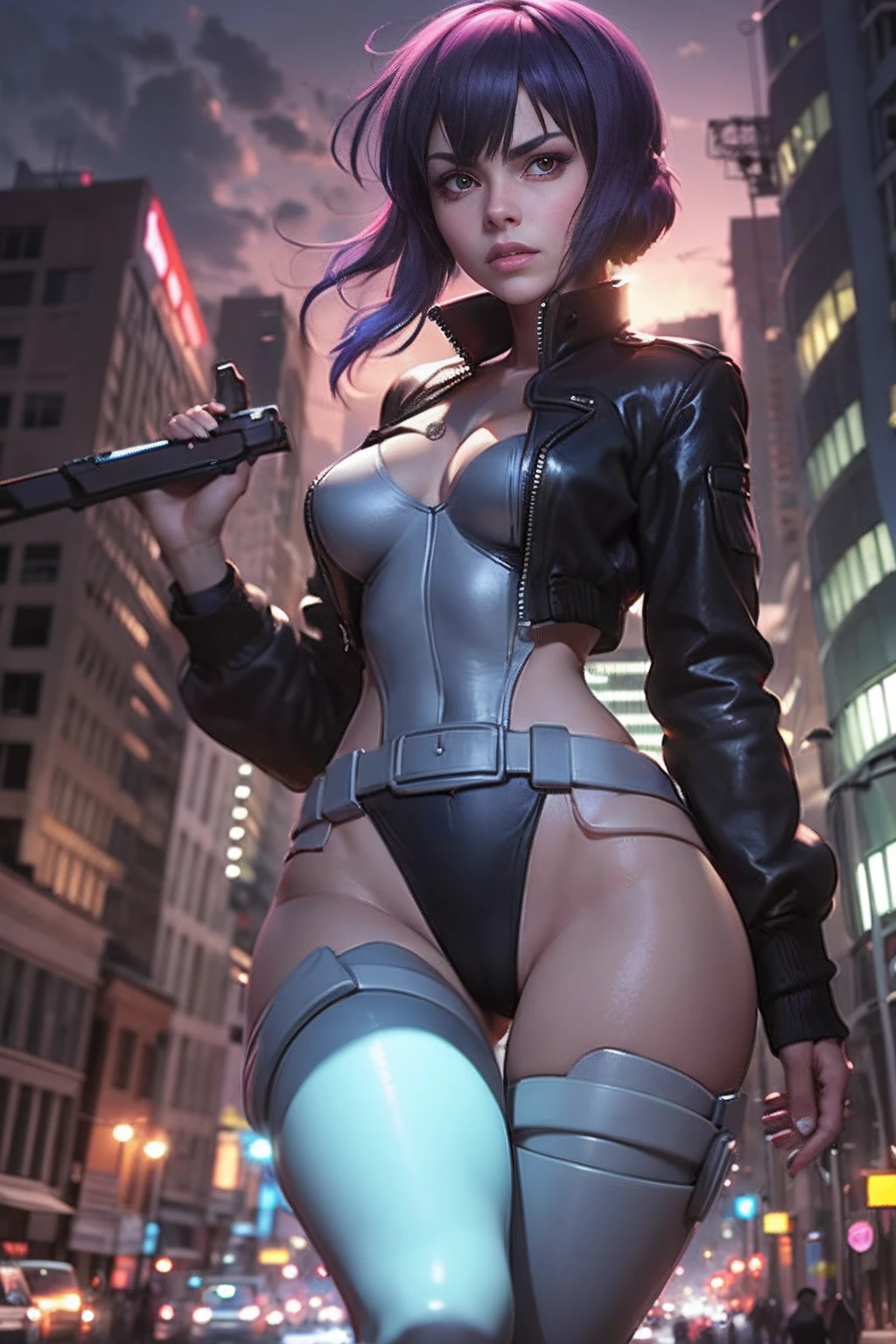 Motoko Kusanagi,  Estilo anime Beautiful Woman, Esbelto, flaco, senos medianos, Cintura delgada, (obra maestra, La mejor calidad:1.2), Disparo de vaquero, solamente, 1woman, inexpresivo, boca cerrada, mirando al espectador, Brazos cruzados, chaqueta, Leotardo, muslosaltos, guantes, escote, highest qualityr, High resolution, manos realistas, Manos detalladas, sosteniendo arma,disparando, beautiful red eyes, shiny eyes, big eyes, fondo espectacular,luces calle urbana, de noche, carretera, luz espectacular,fondo nocturno,sujetando una pistola, ojos animados,ojos gigantes, ojos preciosos, ojos anime,waifu