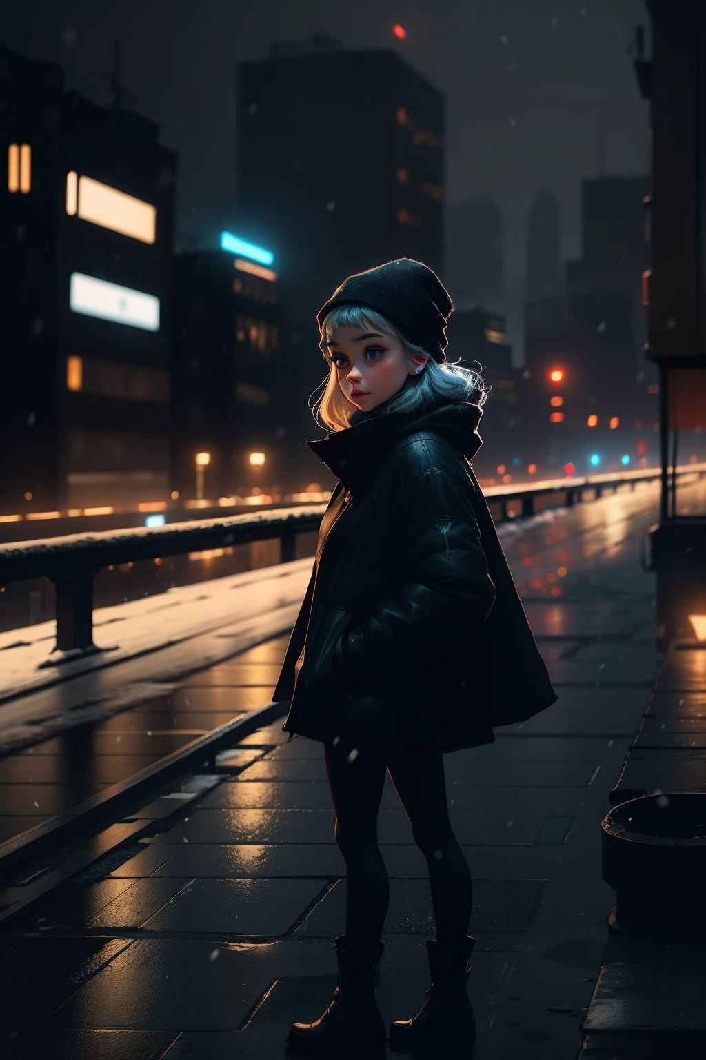 arafed little girl standing on a bridge in a city at night, forest city streets behind her, night in the city, on a rooftop, reminiscent of blade runner, gothic city streets behind her, city rooftop, in a rooftop, on rooftop, inspired by Elsa Bleda, standing on rooftop, cinematic outfit photo, snowing and city lights in the background