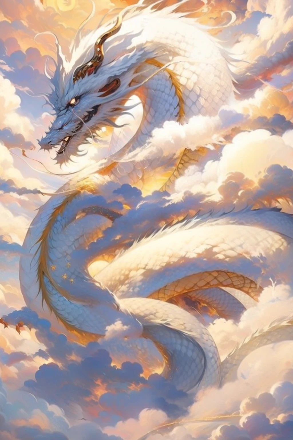 A painting of a white dragon flying through the sky - SeaArt AI