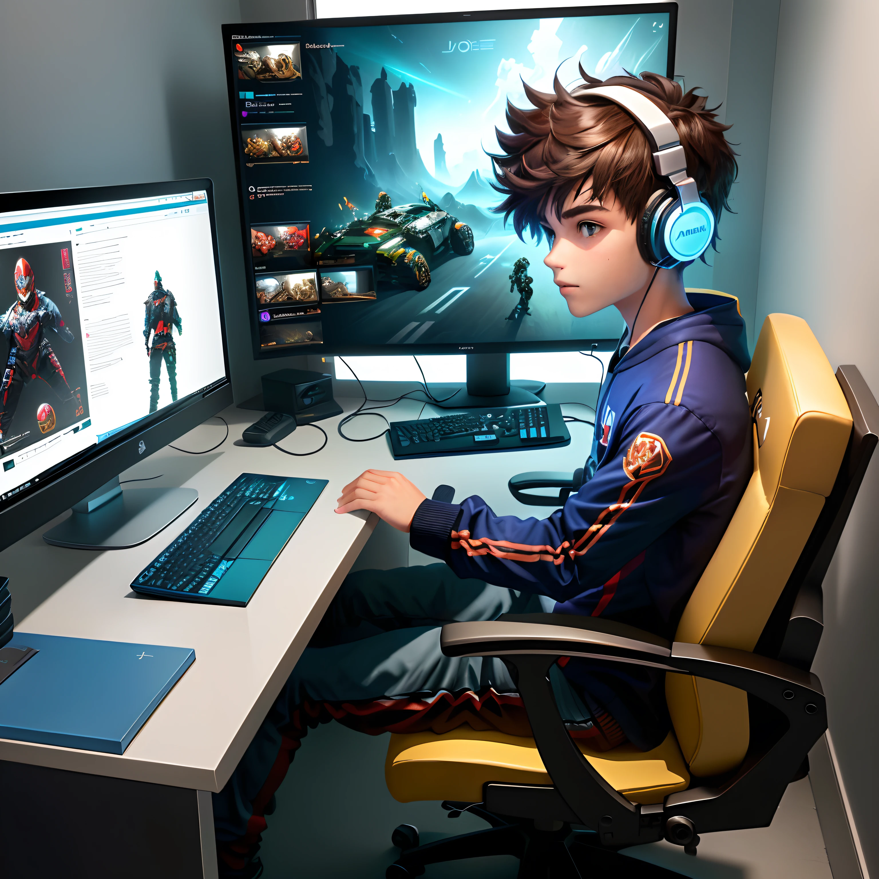 There's a boy sitting in front of a computer with headphones on, playing video games, jogando jogos de computador, sala de jogos, jogos, sala de jogos, Computadores para jogos, video - game, concomputador, gamer aesthetic, usando um fone de ouvido para jogos, jogo de computador, gamer screen on metallic desk, Brincando, Jogos para PC