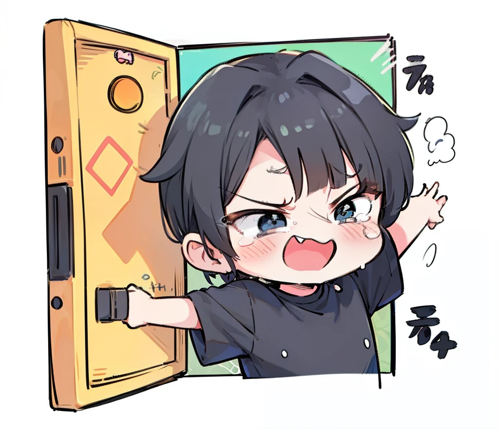 A cartoon kid in a black shirt, Pixiv, Mingei, Chibi, (Winking), Illustrated logo for a thin child, Estilo Chibi, Pegatinas Chibi Twitch, Cabello negro partido a un lado con gafas negras circulares, piel blanca, con la cara cerrada. Scared and shedding tears, Cat worries about its owner