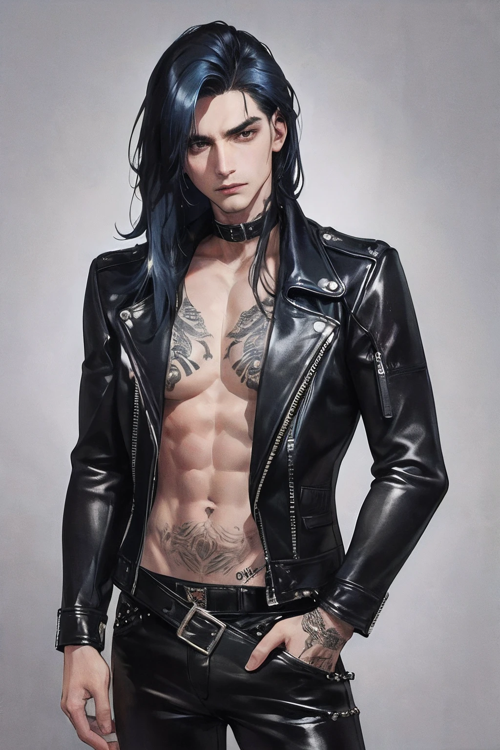 cover for a book, photography of a heavy metal star, a solo man, (((man))), (masculine face), 25 years old, singer, bad boy, (black eyes), expressive look, long dark blue black hair, (((bar background))), straight hair, blueshine hair, unshaven, black leather jacket, long sleve jacket, leather pants, chest tattoo, super detailed face, perfect body, perfect shapes, realistic image, award winning photography, 8k,