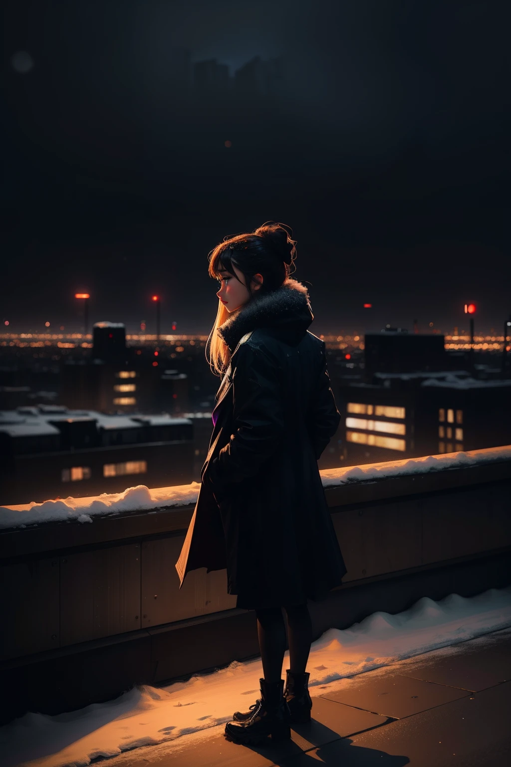 arafed taiga from toradora anime standing on a bridge in a city at night, forest city streets behind her, night in the city, on a rooftop, reminiscent of blade runner, gothic city streets behind her, city rooftop, in a rooftop, on rooftop, inspired by Elsa Bleda, standing on rooftop, cinematic outfit photo, snow and city lights in the background
