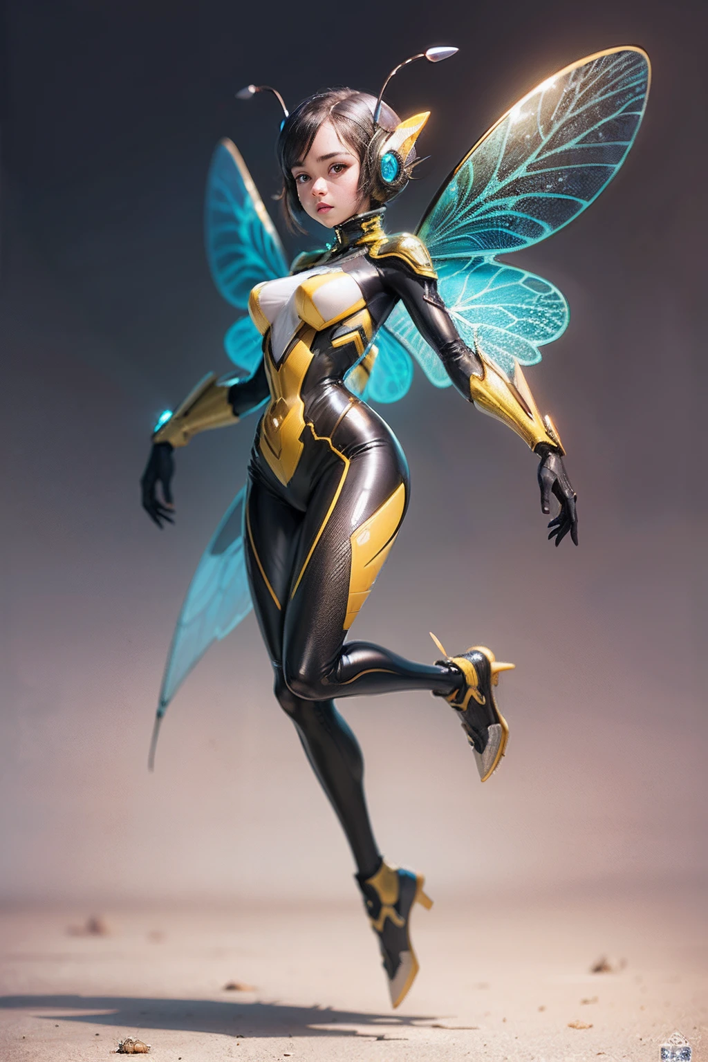 An exquisitely detailed portrayal of an astonishing Insectoid girl adorned with a remarkable Wasp Body, Shiny Plug Suit, Wasp wings, Full body, Flying, Cute Girl Face,