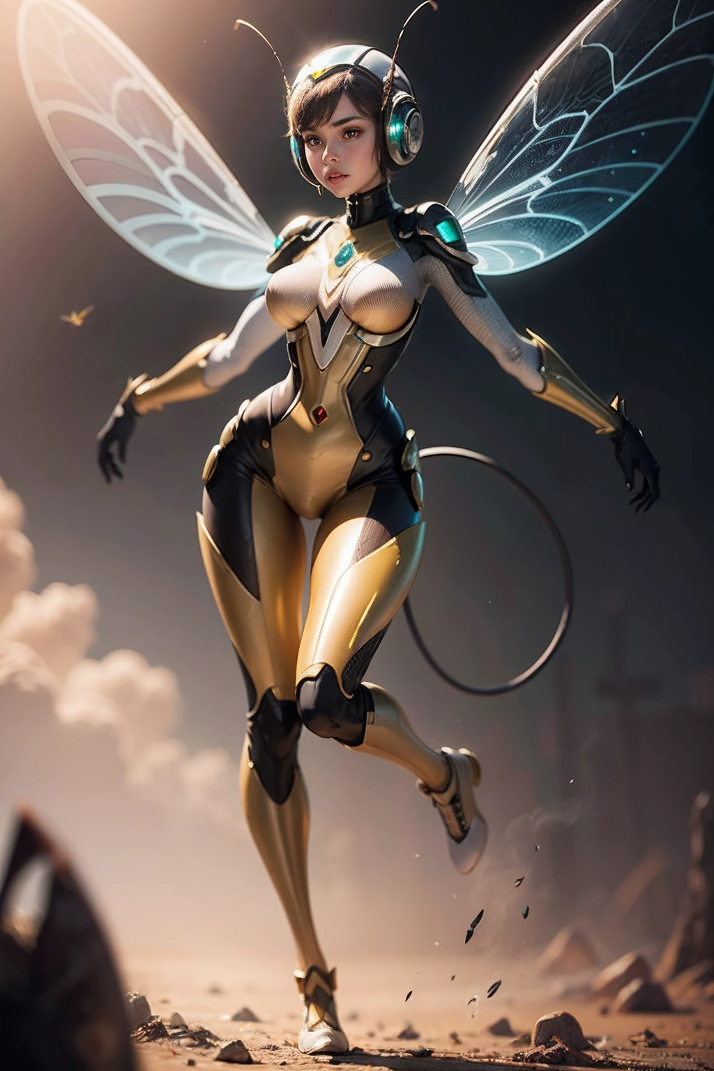 An exquisitely detailed portrayal of an astonishing Insectoid girl adorned with a remarkable Wasp Body, Shiny Plug Suit, Wasp wings, Full body, Flying, Cute Girl Face,
