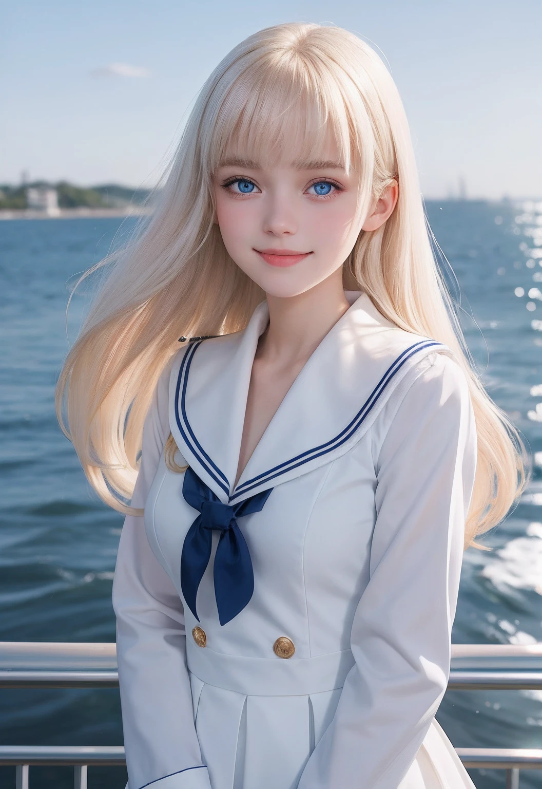 Uniform, sailor suit, high school student, large breasts, beautiful and lovely 16 year old cute beautiful girl, very beautiful face, smile, white shiny skin, beautiful skin, bangs between eyes, bright beautiful platinum blonde with shining luster, super long silky hair, beautiful and cute thin sky blue eyes