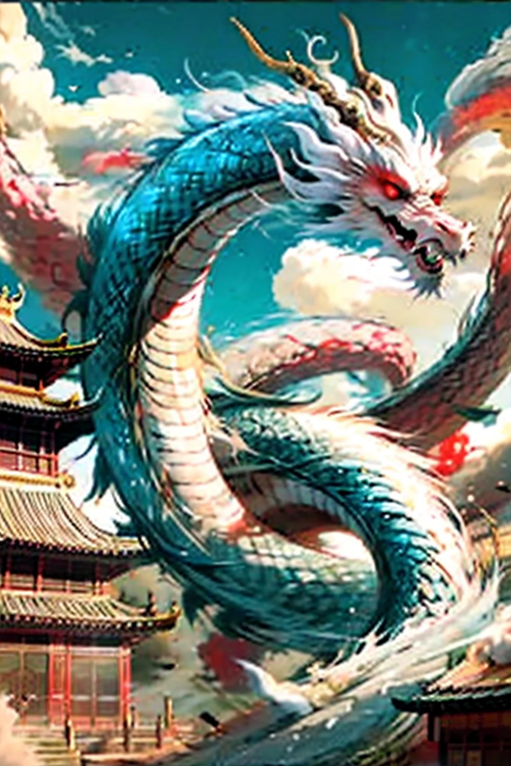 best qualtiy,tmasterpiece,超A high resolution,without humans,(long to:1.2),without humans,clouds,buliding,East Asian Architecture,red eyes,banya,with her mouth open,Skysky,tusk,Oriental Dragons,Mostly cloudy sky,tusk,flight,Eau,a bird,Wings,Mare