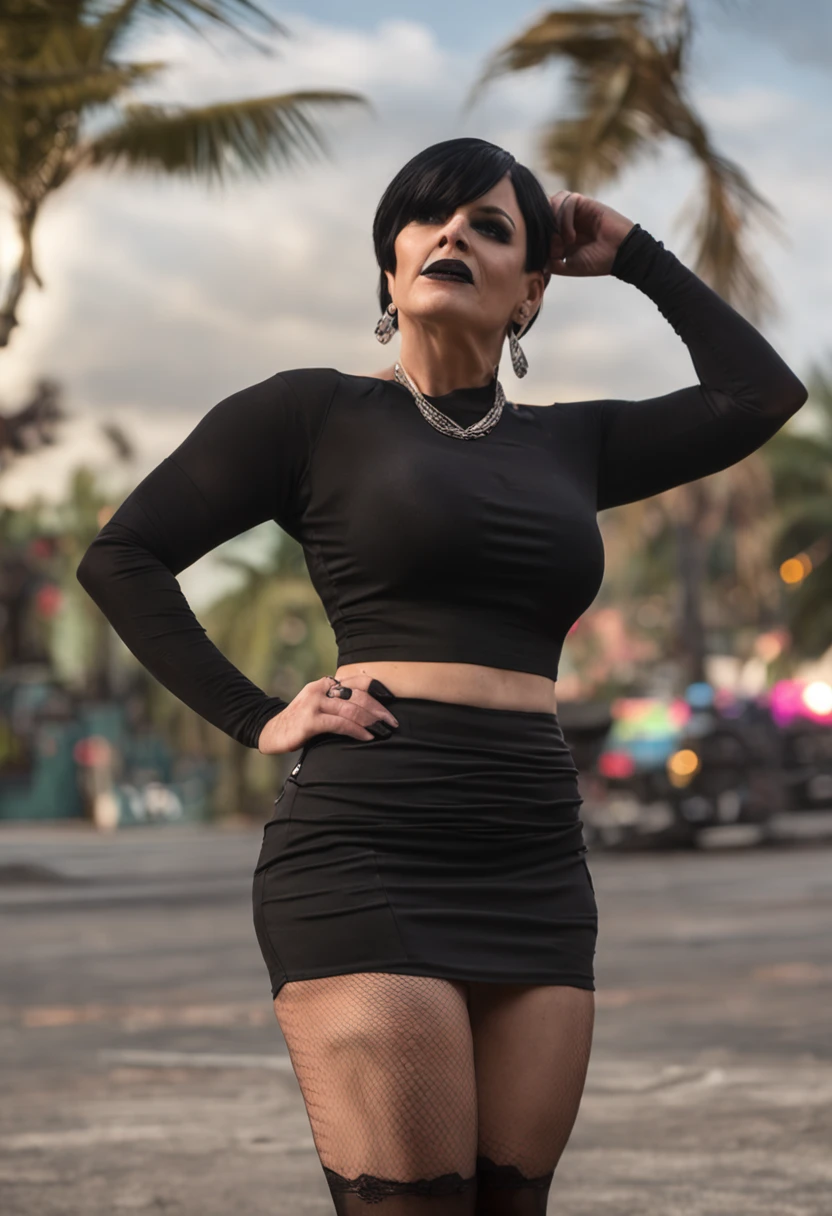 big titty goth milf with short black hair, fishnets, black crop top, tight black skirt